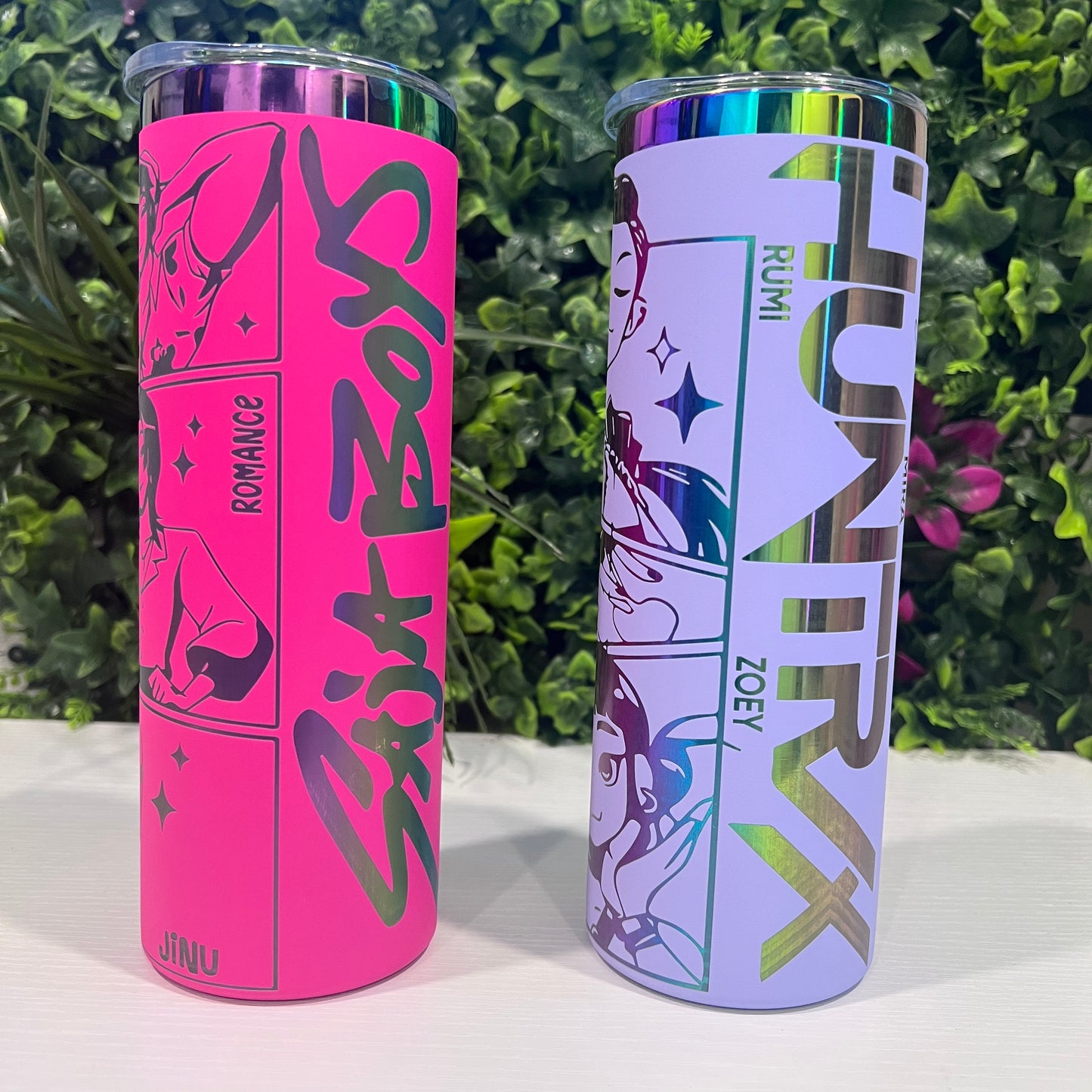 Laser engraved 20oz stainless steel tumbler with lid and straw featuring KPOP Demon Hunters Huntrix and Saja Boys design. Durable fandom drinkware for gamers and fans.