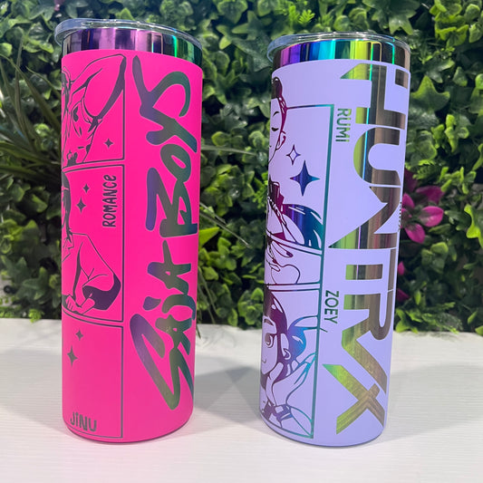 Laser engraved 20oz stainless steel tumbler with lid and straw featuring KPOP Demon Hunters Huntrix and Saja Boys design. Durable fandom drinkware for gamers and fans.