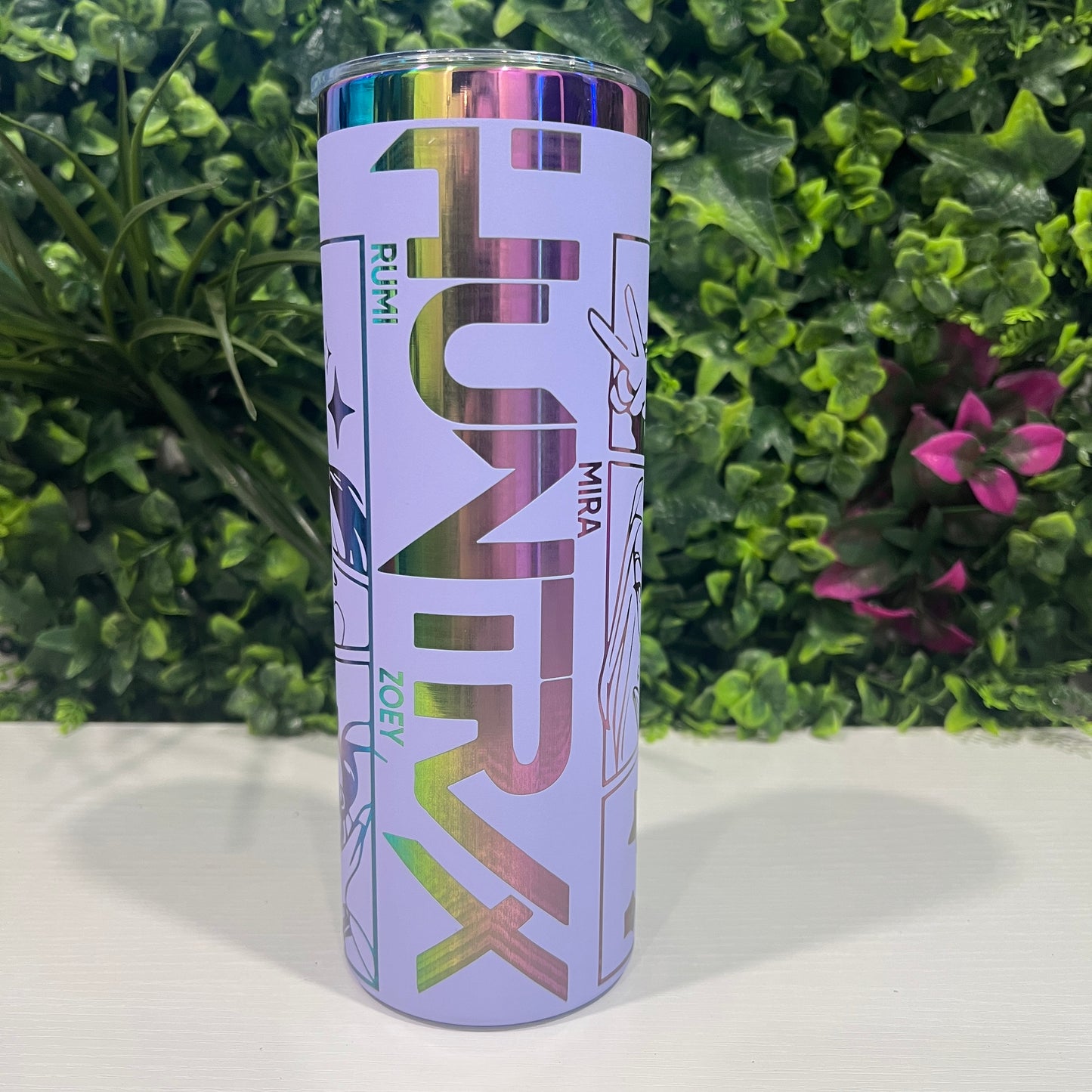 Laser engraved 20oz stainless steel tumbler with lid and straw featuring KPOP Demon Hunters Huntrix and Saja Boys design. Durable fandom drinkware for gamers and fans.