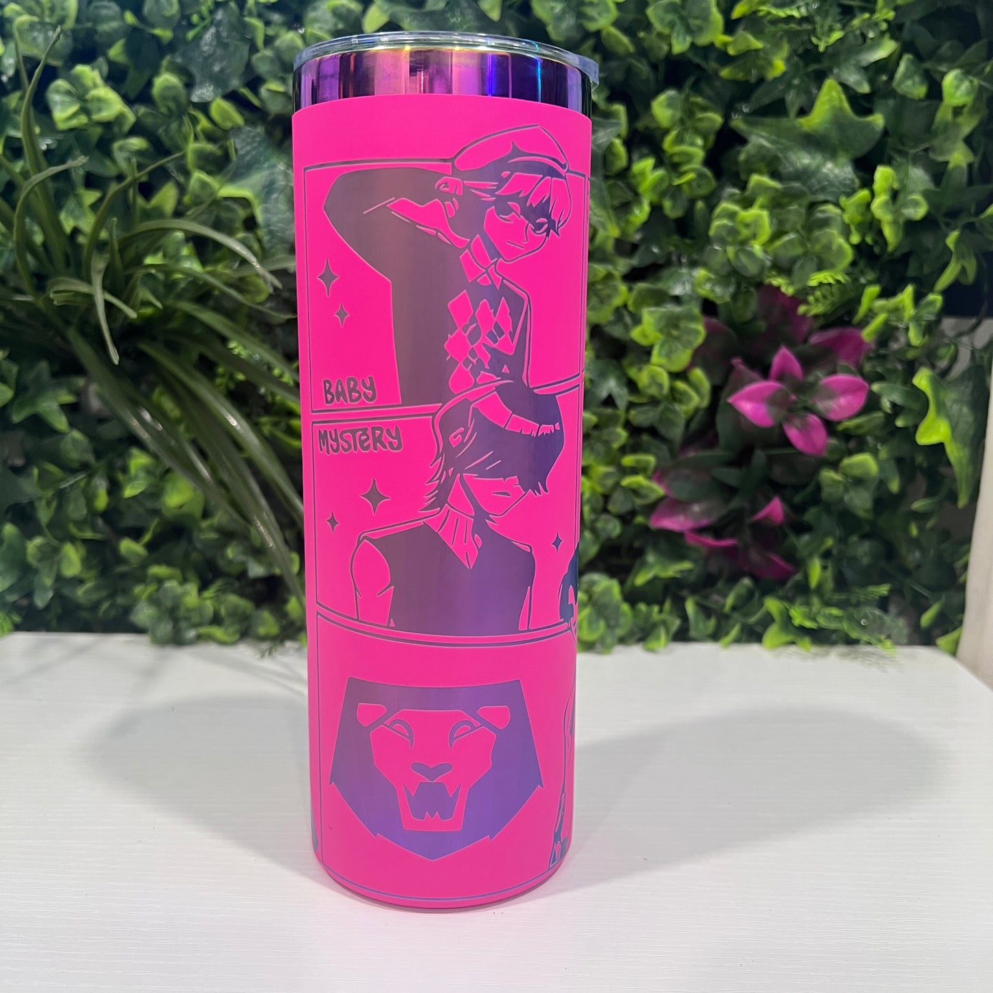 Laser engraved 20oz stainless steel tumbler with lid and straw featuring KPOP Demon Hunters Huntrix and Saja Boys design. Durable fandom drinkware for gamers and fans.