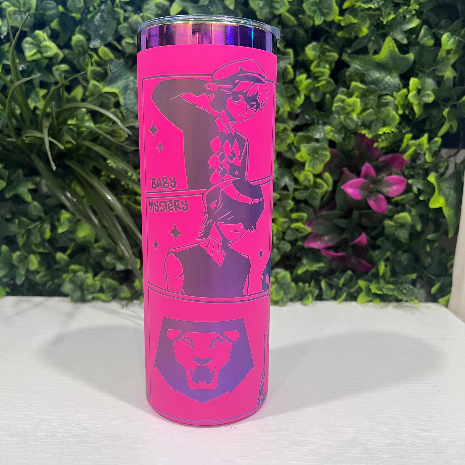 Laser engraved 20oz stainless steel tumbler with lid and straw featuring KPOP Demon Hunters Huntrix and Saja Boys design. Durable fandom drinkware for gamers and fans.