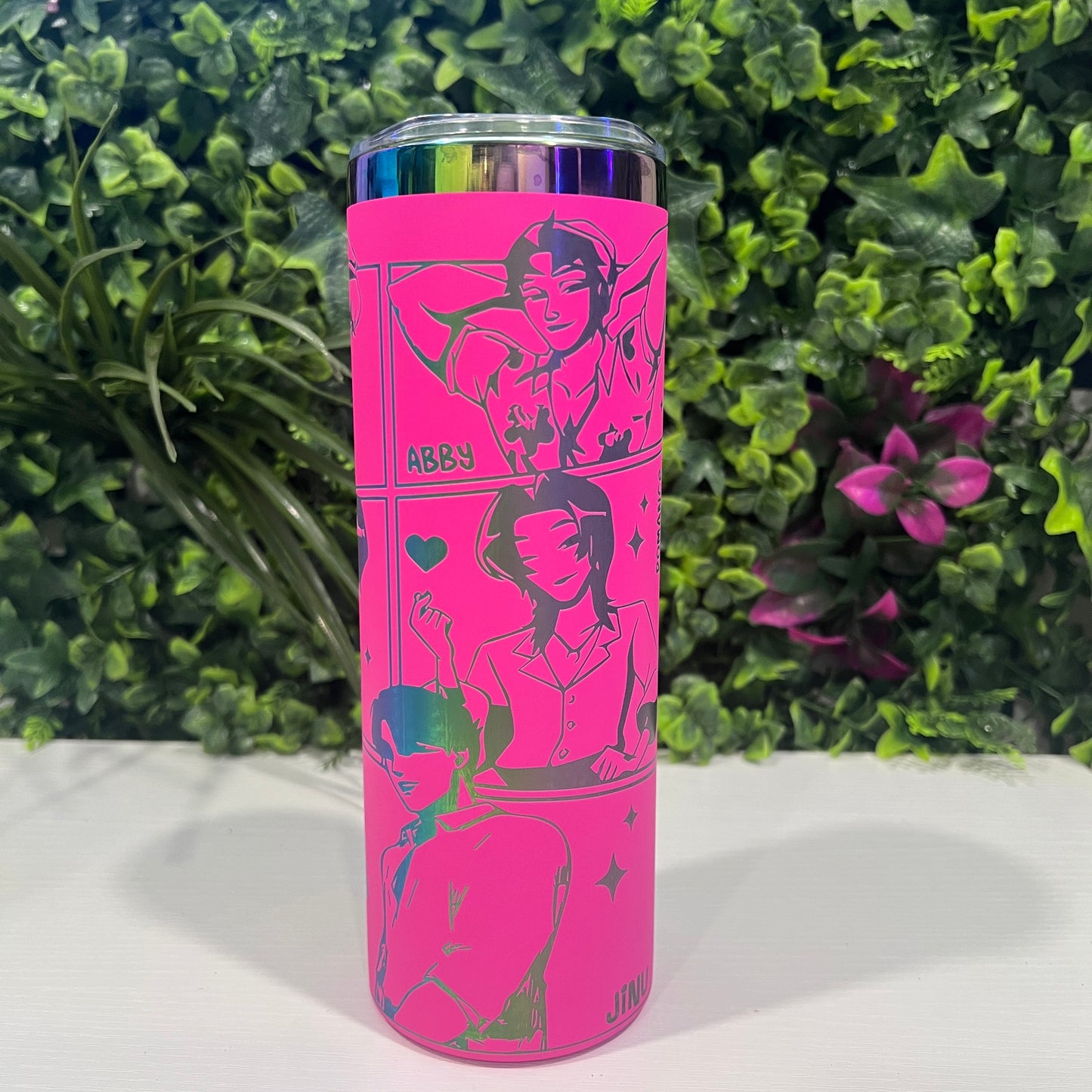 Laser engraved 20oz stainless steel tumbler with lid and straw featuring KPOP Demon Hunters Huntrix and Saja Boys design. Durable fandom drinkware for gamers and fans.