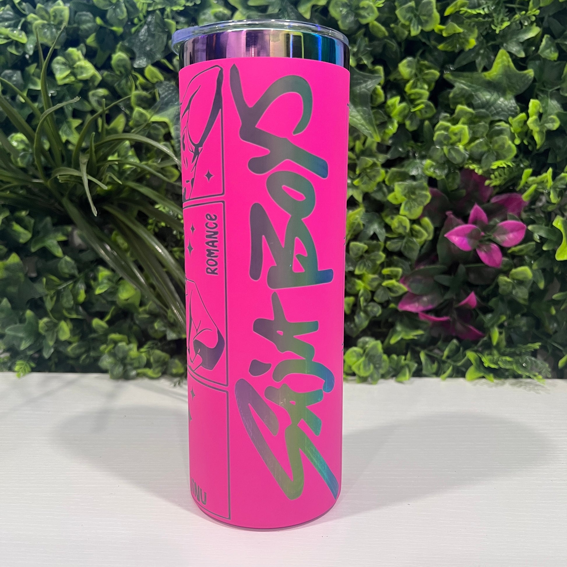 Laser engraved 20oz stainless steel tumbler with lid and straw featuring KPOP Demon Hunters Huntrix and Saja Boys design. Durable fandom drinkware for gamers and fans.