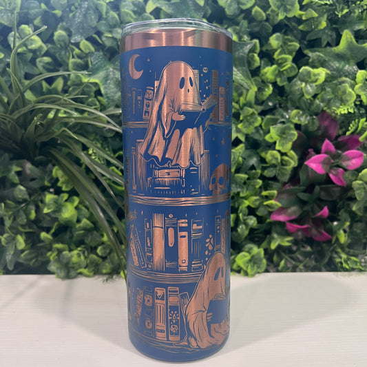 20oz laser engraved skinny tumbler featuring Halloween books, ghosts, bats, and spiderwebs. Perfect spooky drinkware for witchy book lovers and gothic décor fans.