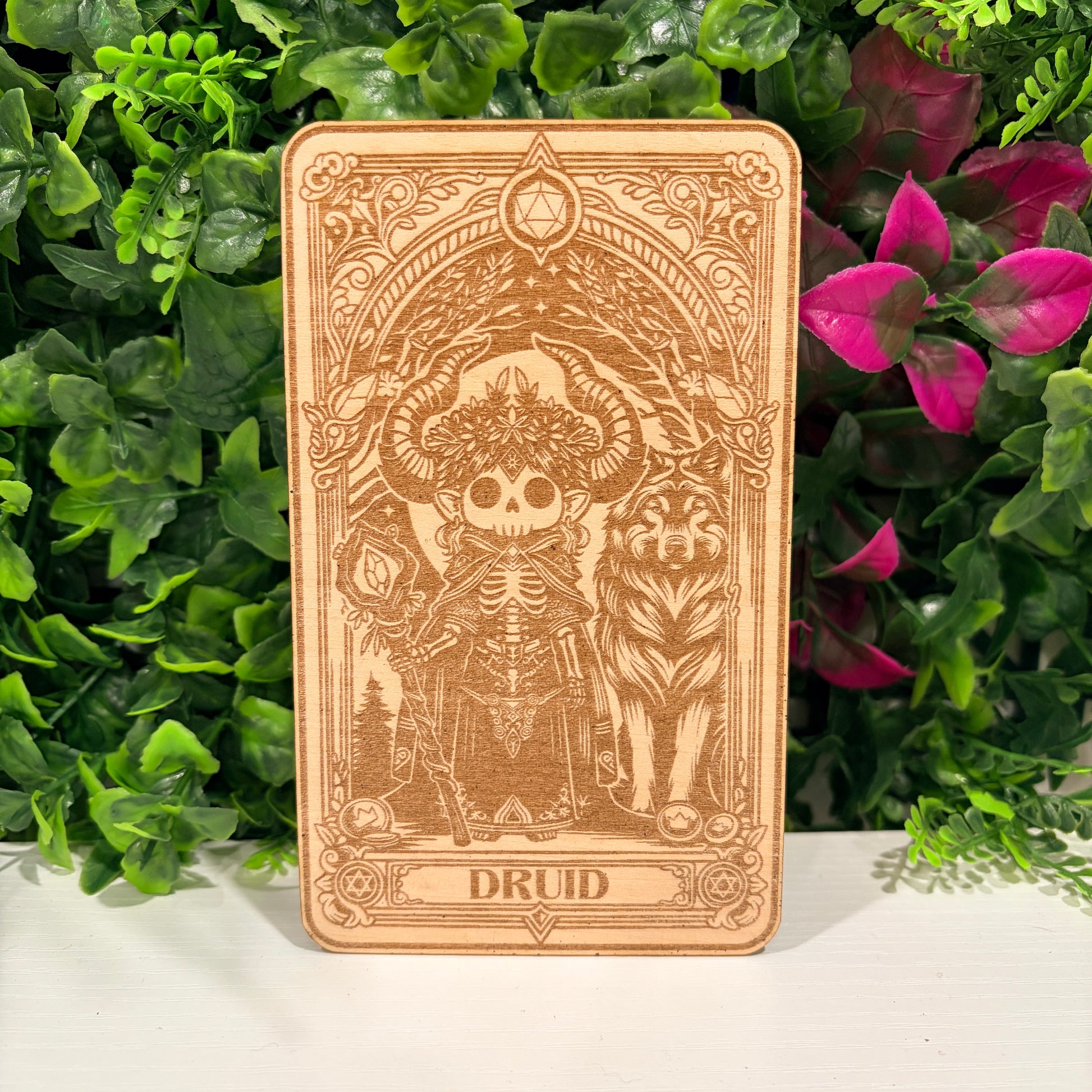 Laser engraved 3mm basswood tarot cards featuring a Druid class design. Intricate fantasy artwork with dice, magic symbols, and ornate gothic detailing.