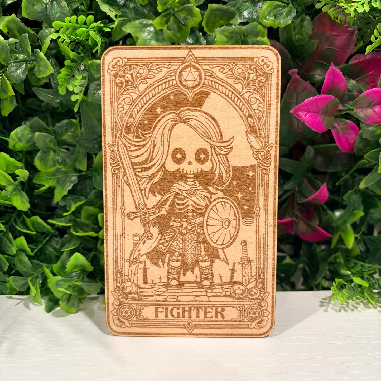 Laser engraved 3mm basswood tarot cards featuring a Fighter class design. Intricate fantasy artwork with dice, magic symbols, and ornate gothic detailing.