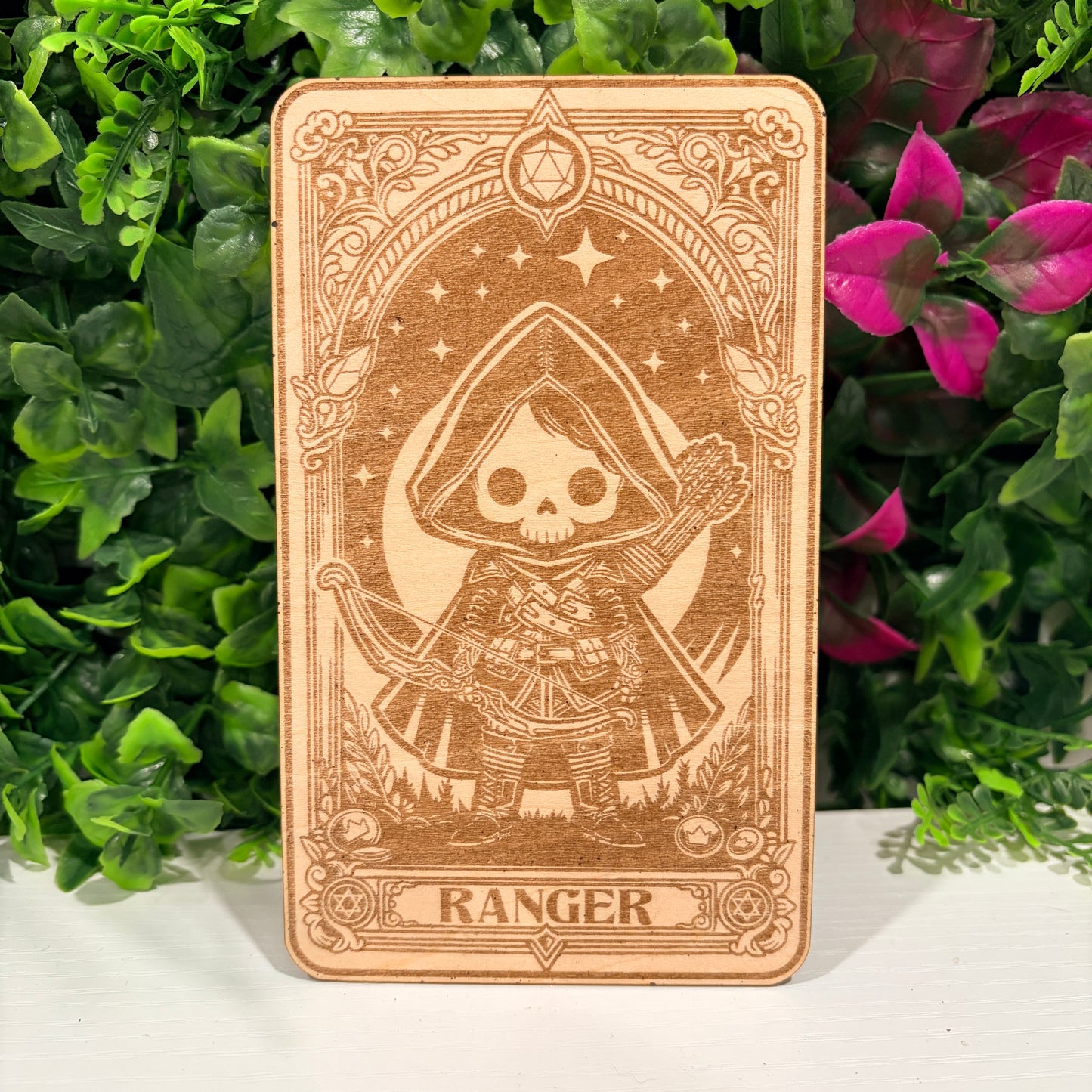 Laser engraved 3mm basswood tarot cards featuring a Ranger class design. Intricate fantasy artwork with dice, magic symbols, and ornate gothic detailing.