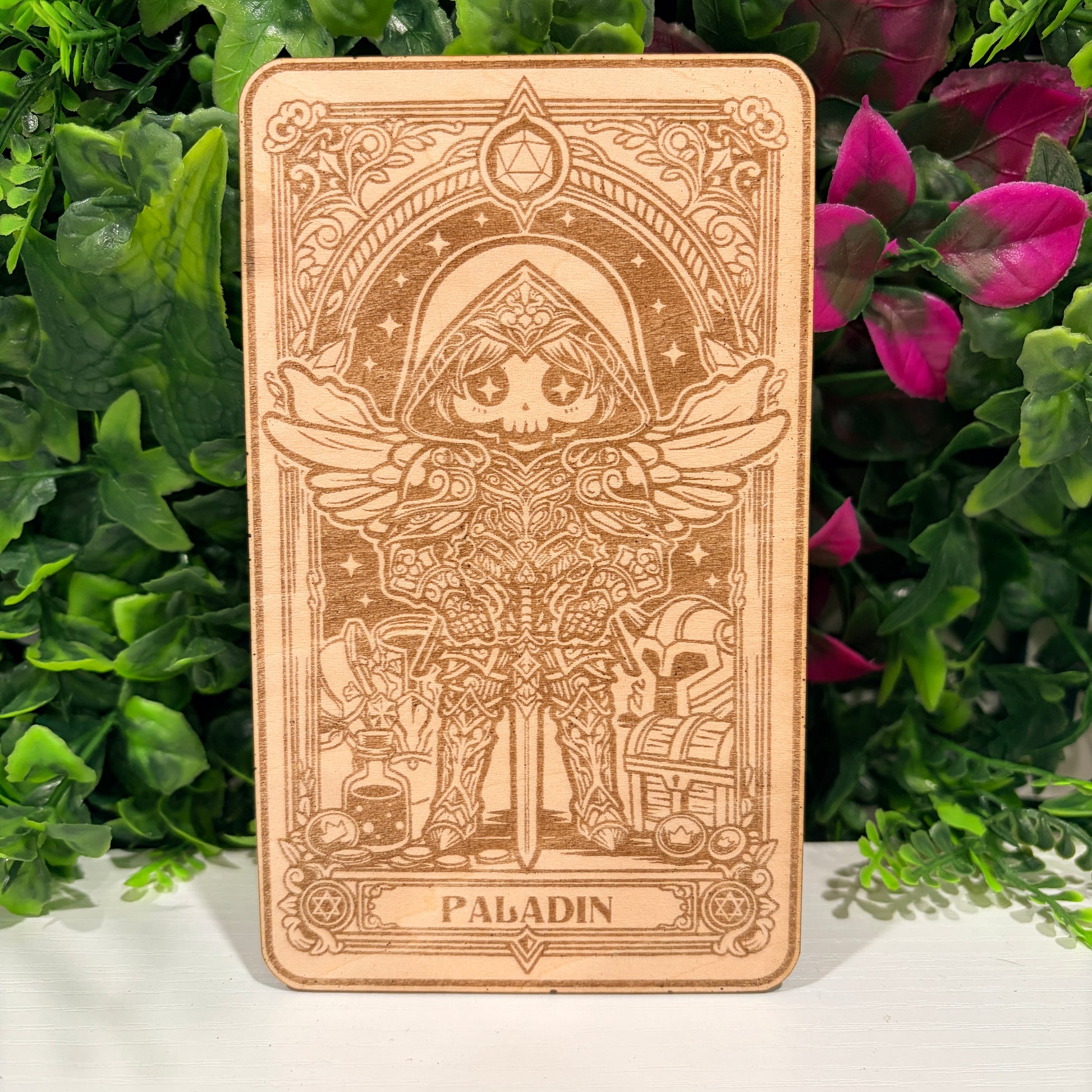 Laser engraved 3mm basswood tarot cards featuring a Paladin class design. Intricate fantasy artwork with dice, magic symbols, and ornate gothic detailing.