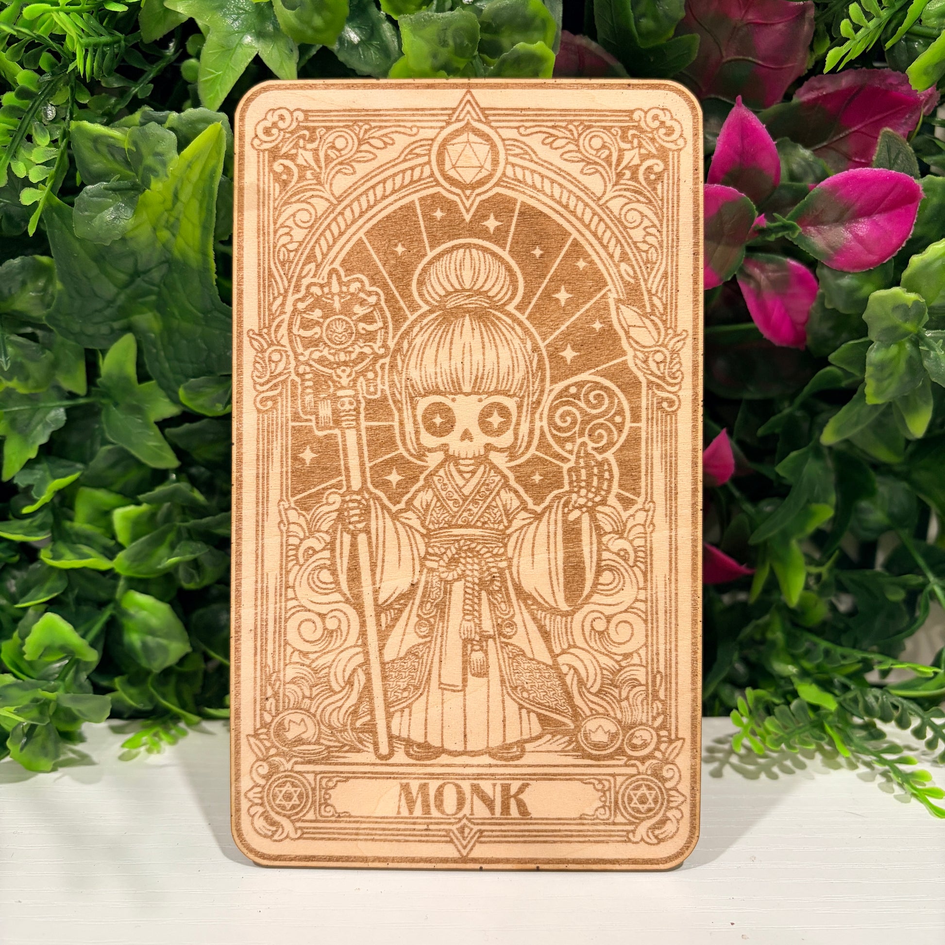 Laser engraved 3mm basswood tarot cards featuring a Monk class design. Intricate fantasy artwork with dice, magic symbols, and ornate gothic detailing.