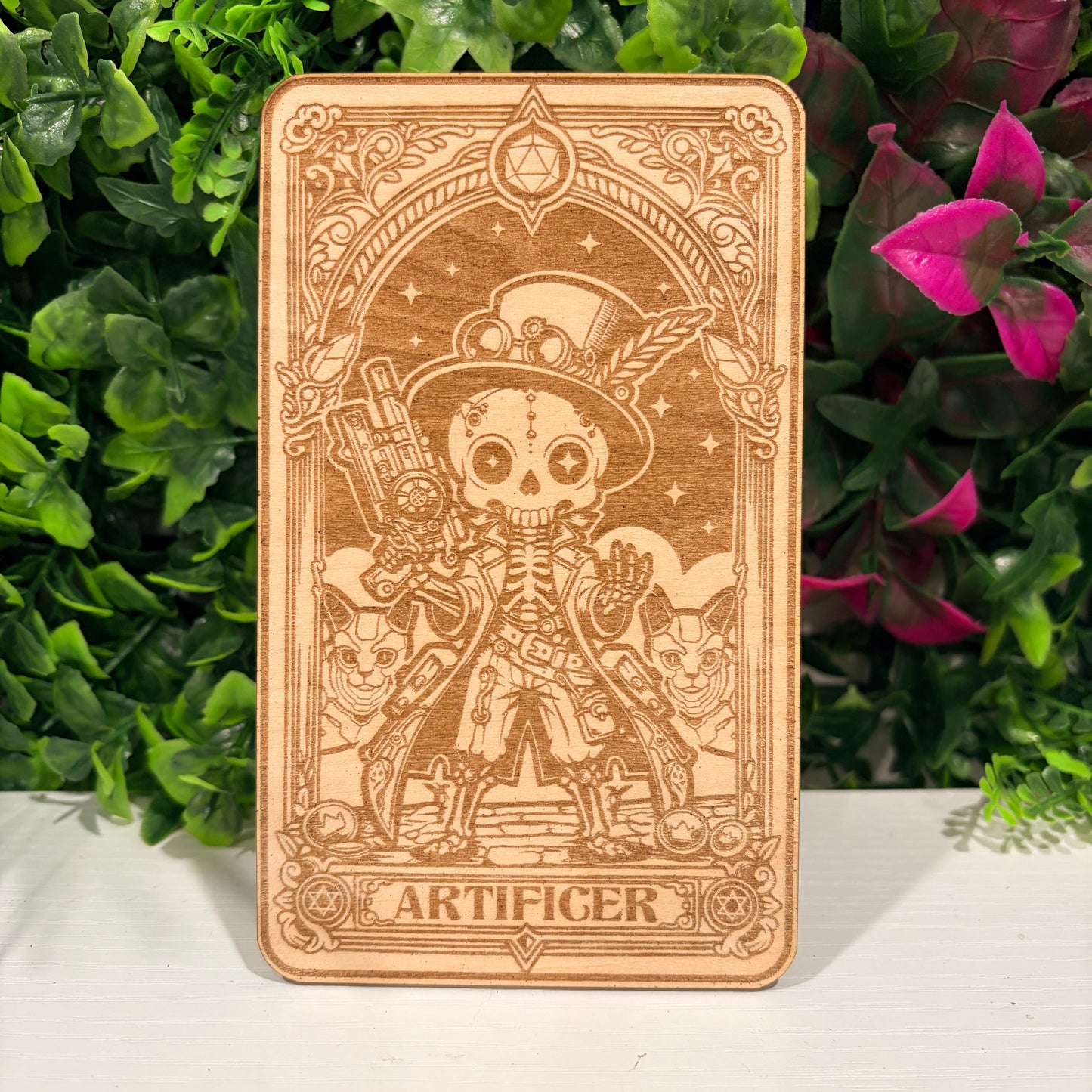 Laser engraved 3mm basswood tarot cards featuring a Artificer class design from Dungeons and Dragons. Intricate fantasy artwork with dice, magic symbols, and ornate gothic detailing.