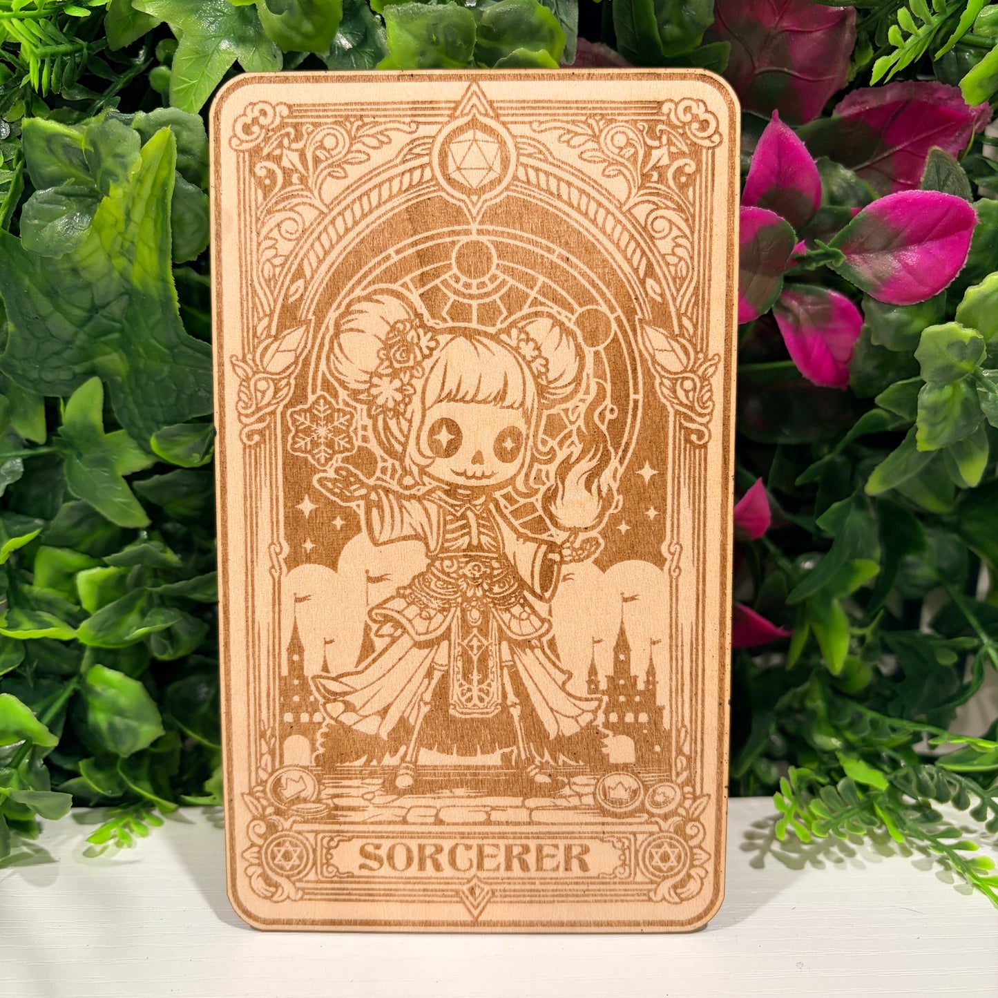 Laser engraved 3mm basswood tarot cards featuring a Sorcerer class design from Dungeons and Dragons. Intricate fantasy artwork with dice, magic symbols, and ornate gothic detailing.