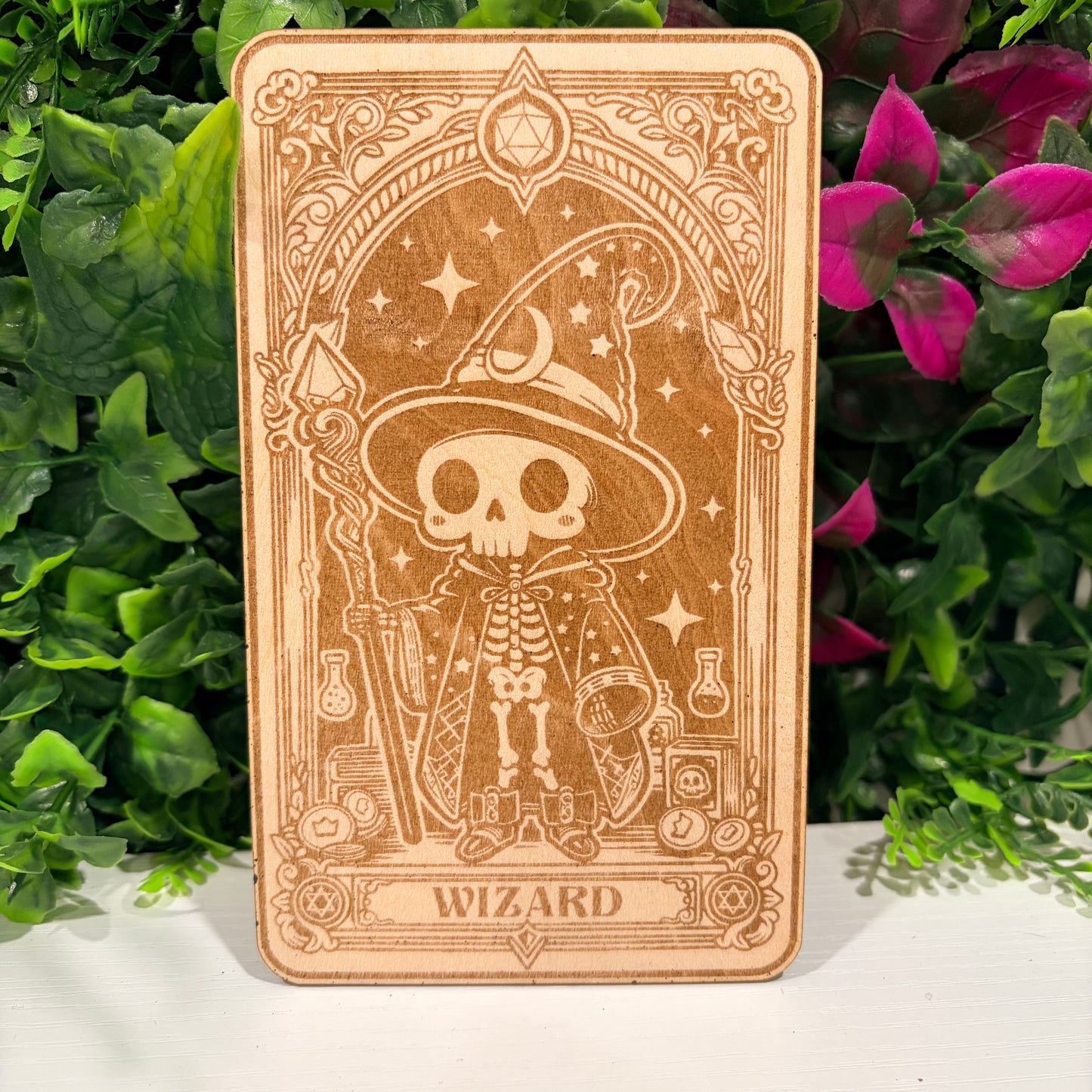 Laser engraved 3mm basswood tarot cards featuring a Wizard class design from Dungeons and Dragons. Intricate fantasy artwork with dice, magic symbols, and ornate gothic detailing.