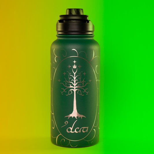 Laser engraved stainless steel water bottle featuring the Tree of Gondor from Lord of the Rings. Includes personalized name option. Perfect gift for LOTR fans.