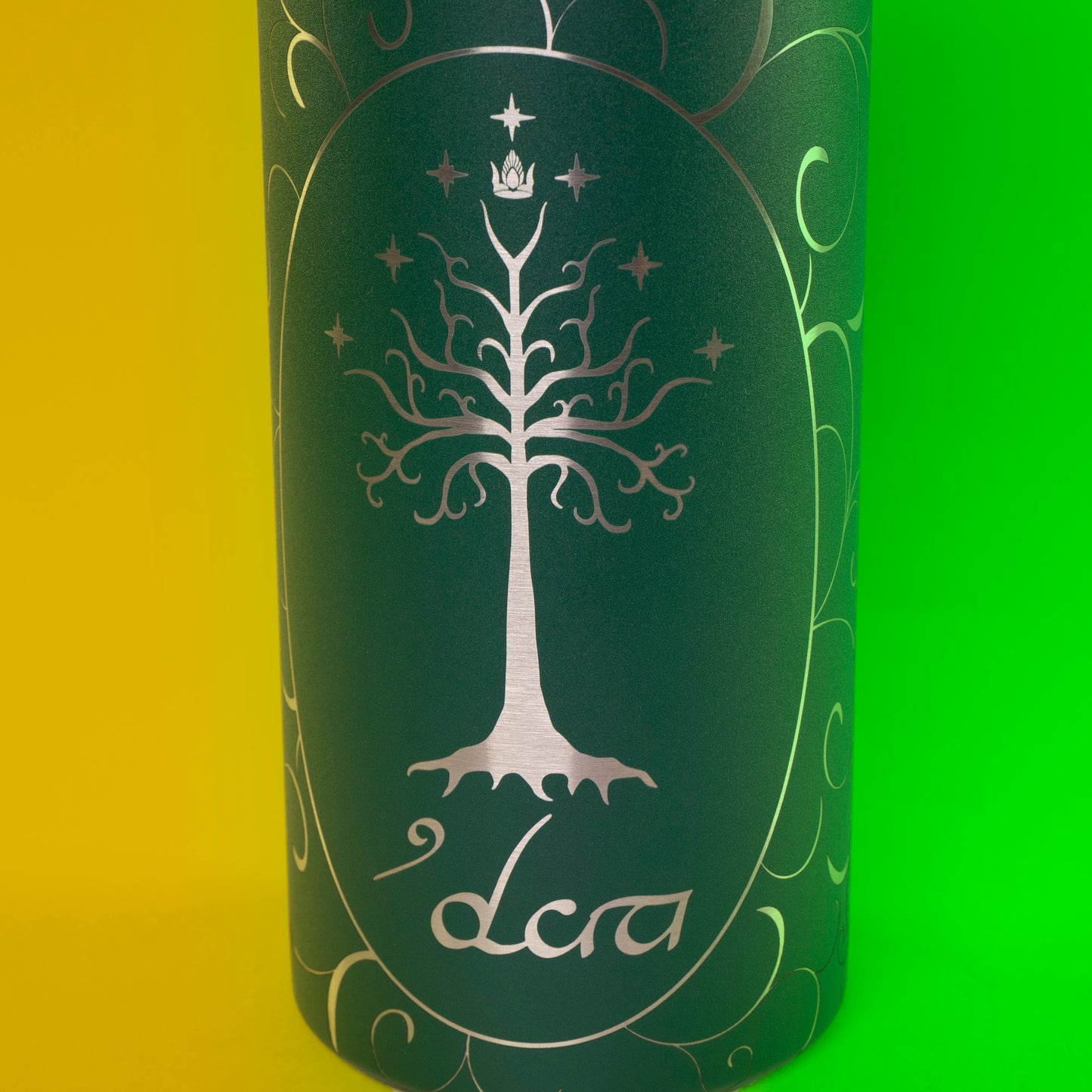 Laser engraved stainless steel water bottle featuring the Tree of Gondor from Lord of the Rings. Includes personalized name option. Perfect gift for LOTR fans.