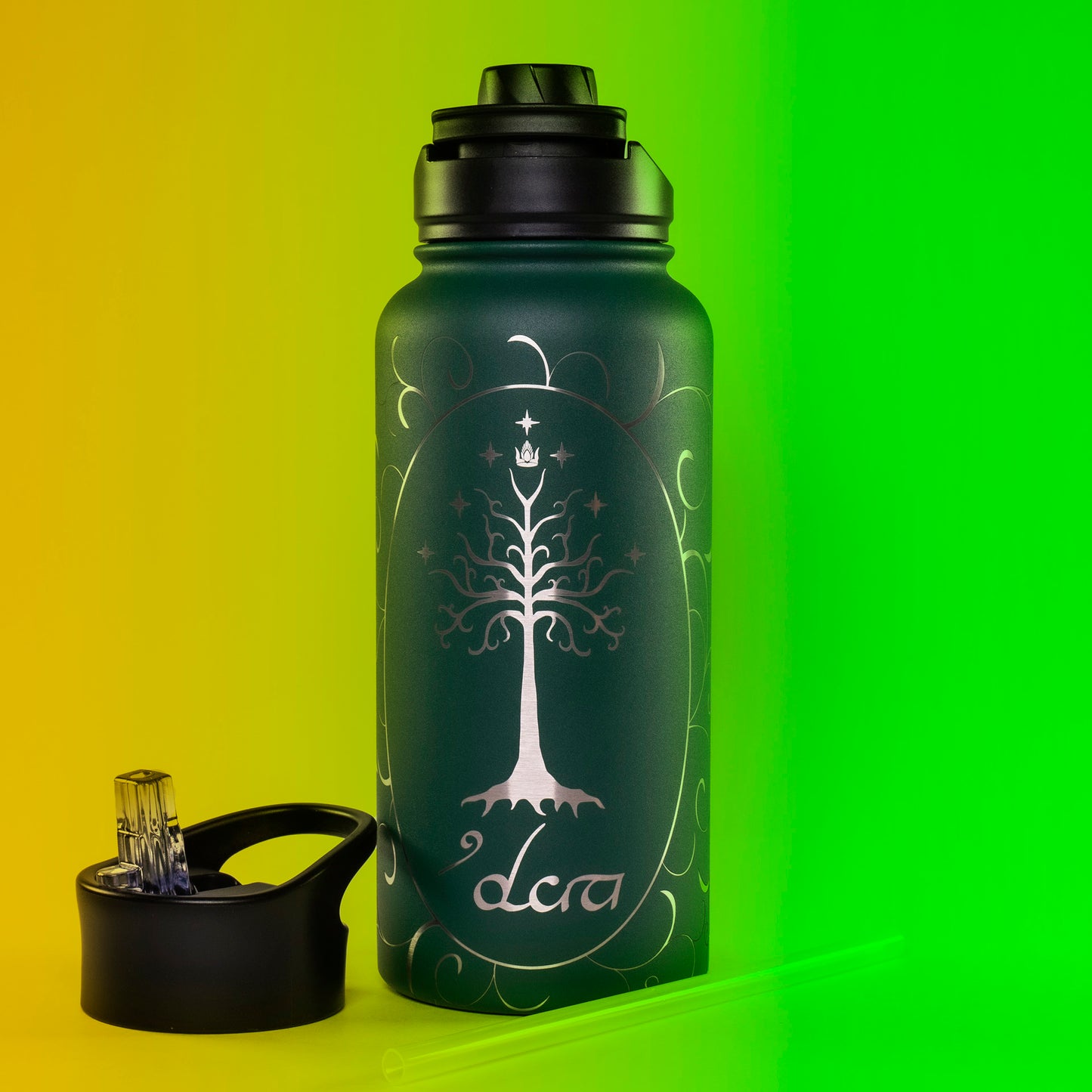 Laser engraved stainless steel water bottle featuring the Tree of Gondor from Lord of the Rings. Includes personalized name option. Perfect gift for LOTR fans.