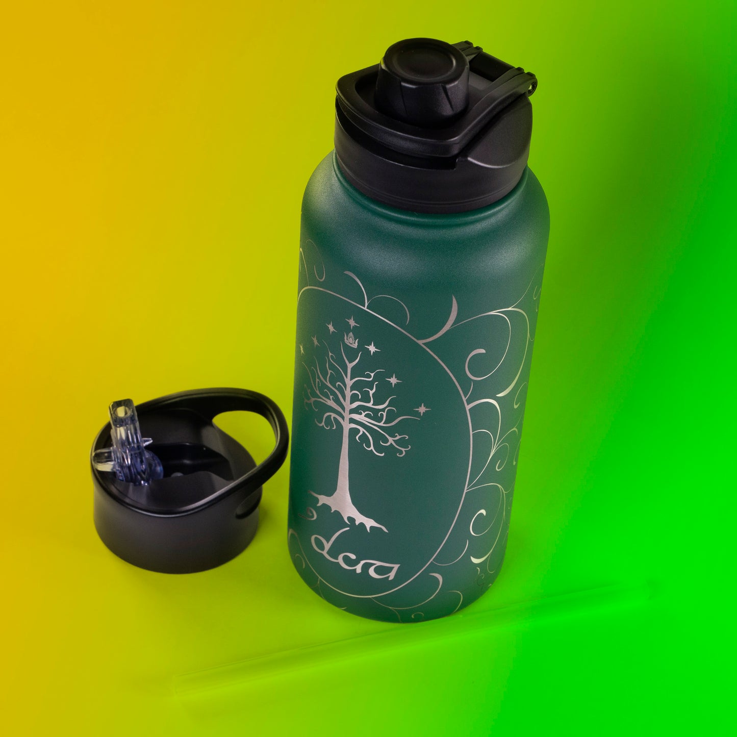 Laser engraved stainless steel water bottle featuring the Tree of Gondor from Lord of the Rings. Includes personalized name option. Perfect gift for LOTR fans.