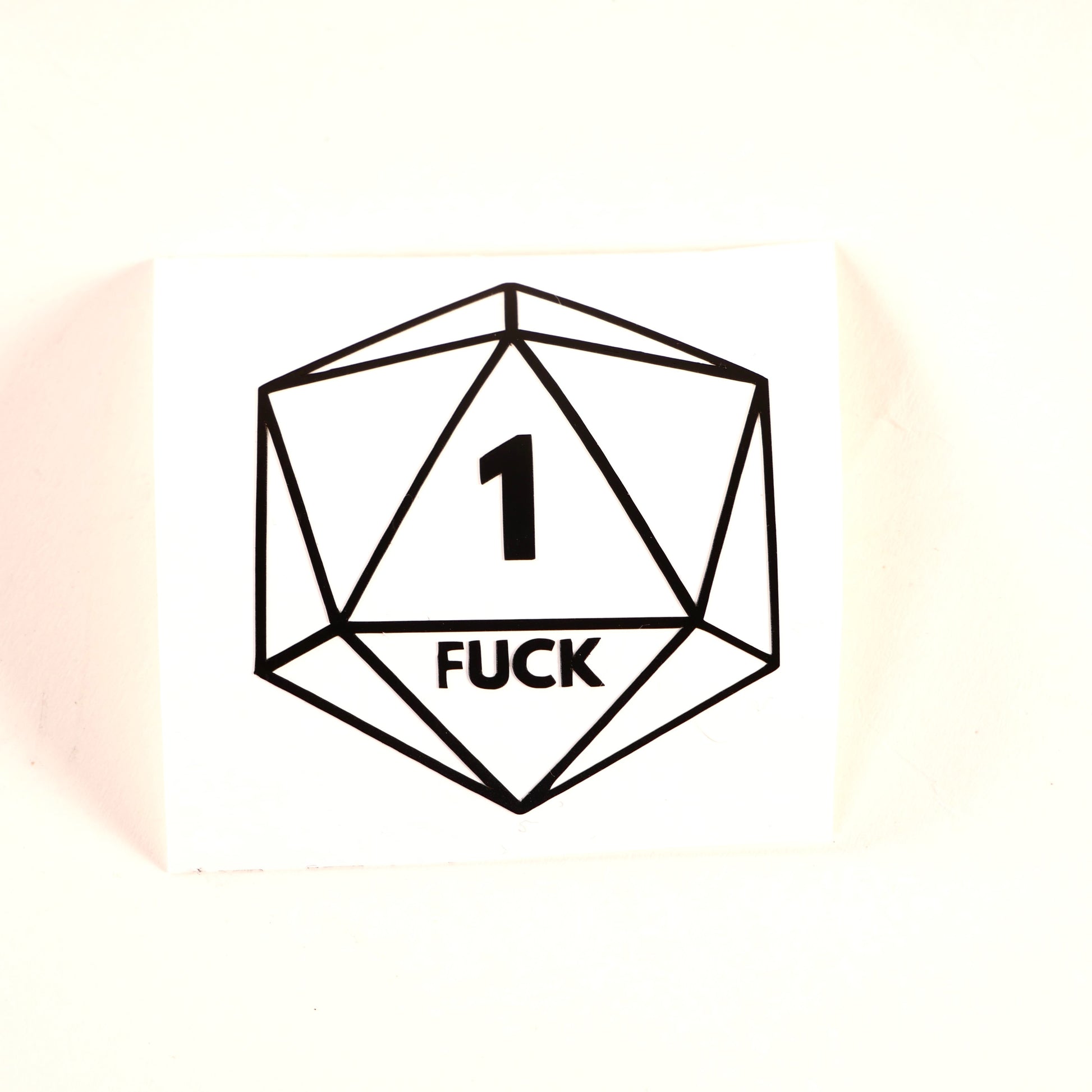 Hilarious D20 vinyl sticker featuring a Nat 1 critical fail with "1 FUCK" text. Perfect for DND players, dungeon masters, and tabletop RPG lovers.