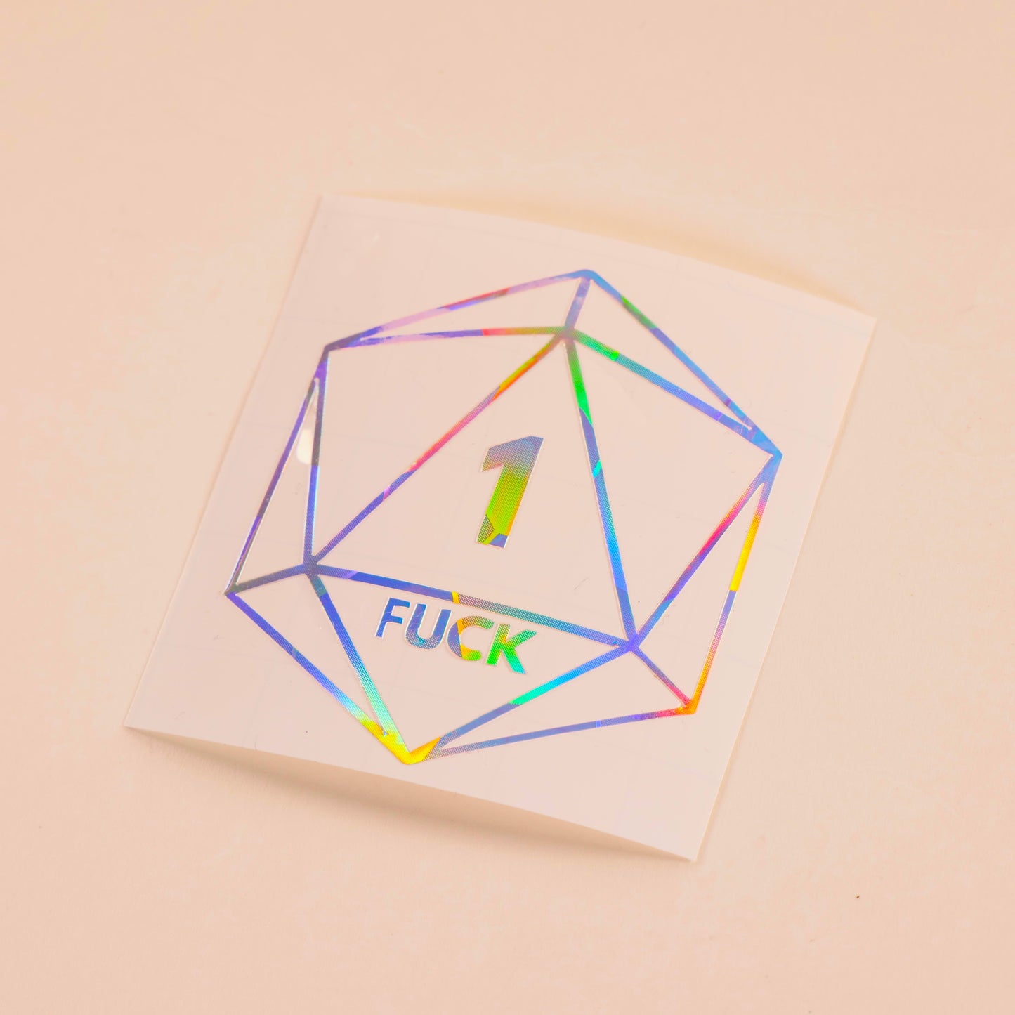 Hilarious D20 vinyl sticker featuring a Nat 1 critical fail with "1 FUCK" text. Perfect for DND players, dungeon masters, and tabletop RPG lovers.