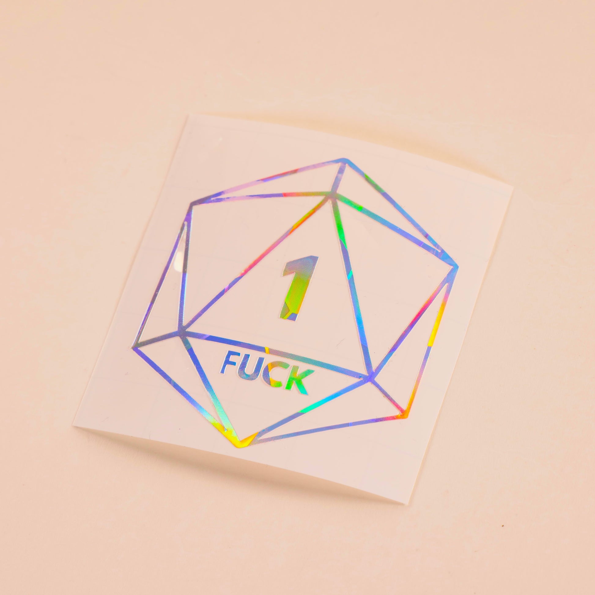 Hilarious D20 vinyl sticker featuring a Nat 1 critical fail with "1 FUCK" text. Perfect for DND players, dungeon masters, and tabletop RPG lovers.