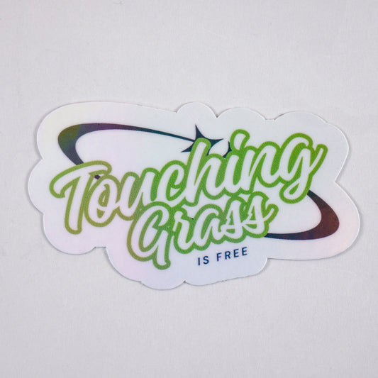 Retro vinyl sticker with “Touching Grass is Free” text in green and black, perfect for laptops, water bottles, or gamer aesthetics.