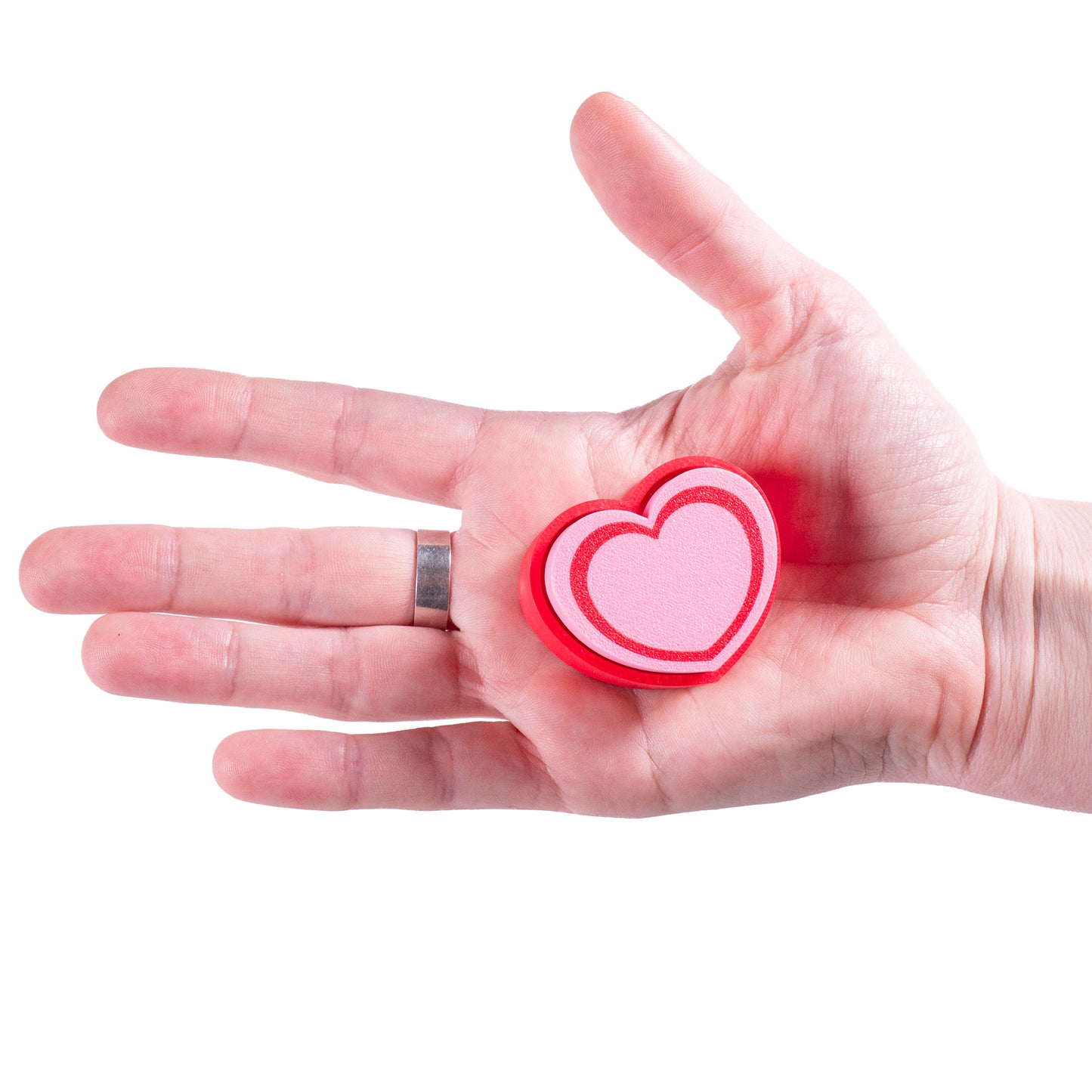 Cute 3D printed heart button clicker in red, perfect for fidgeting, gamer desks, Valentine's gifts, or spreading some love with every satisfying click.
