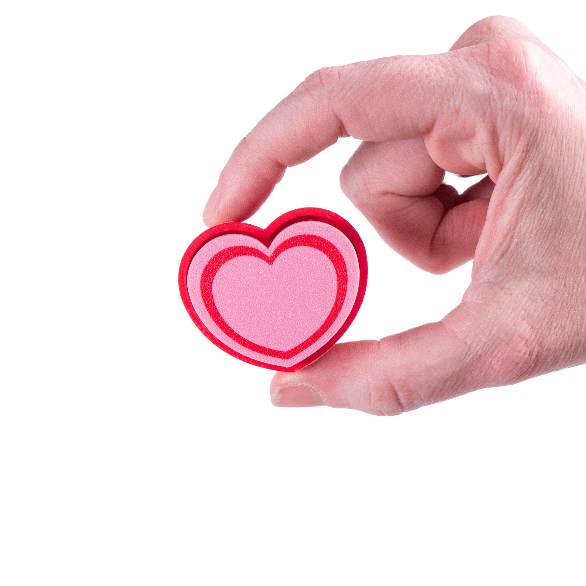 Cute 3D printed heart button clicker in red, perfect for fidgeting, gamer desks, Valentine's gifts, or spreading some love with every satisfying click.