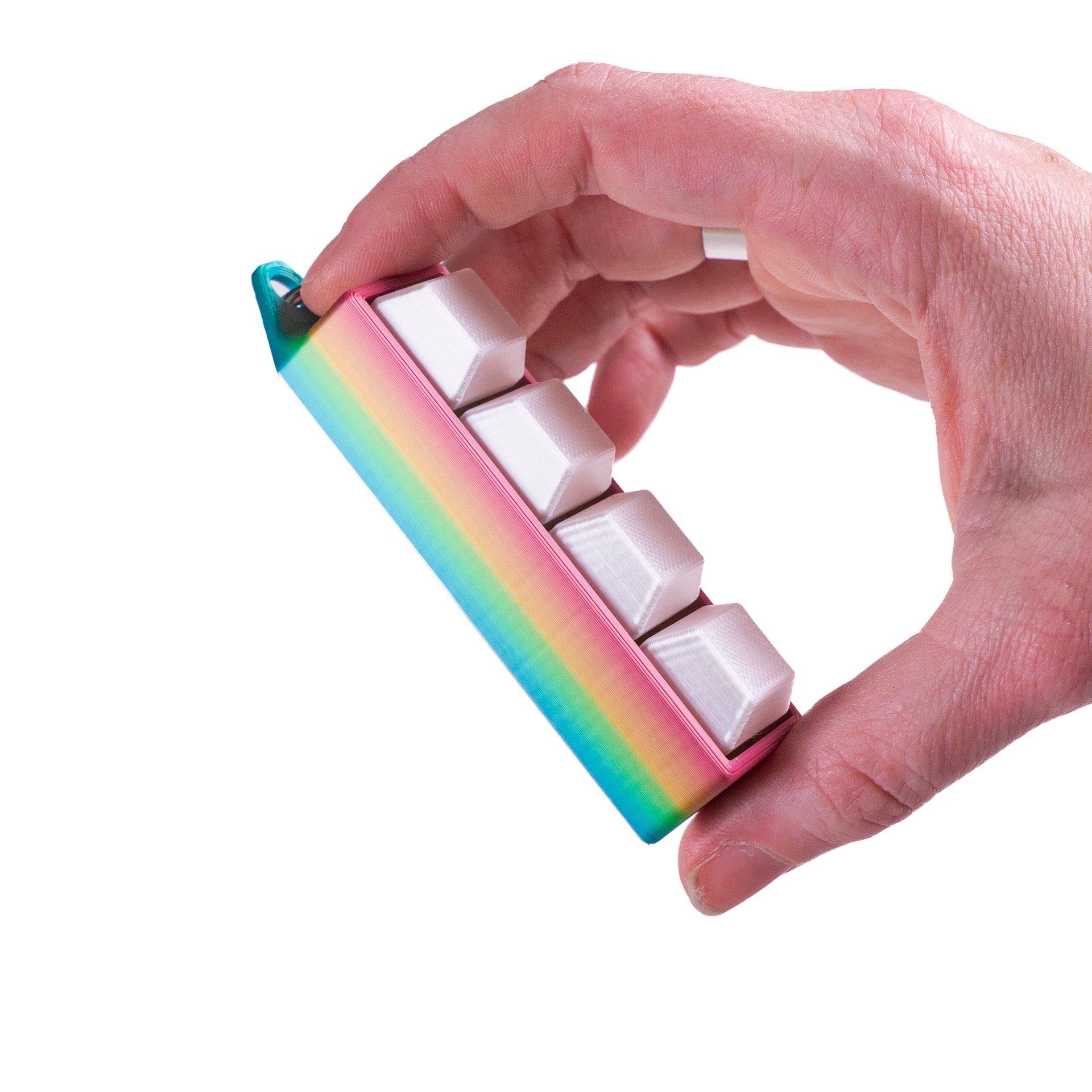 Rainbow 4-key mechanical clicker with white keycaps and keychain loop, perfect for fidgeting, gamer desk setups, or stress relief on the go.