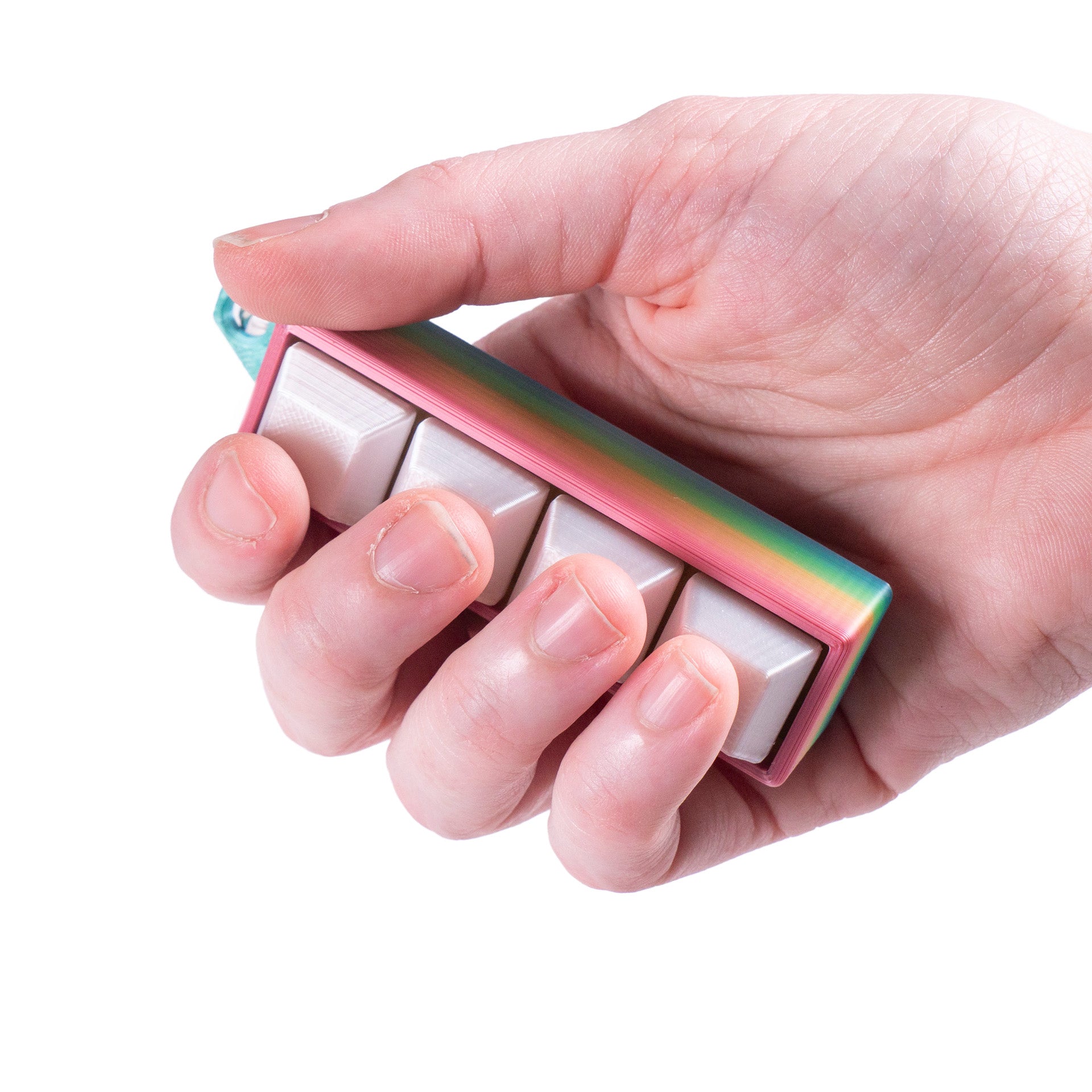 Rainbow 4-key mechanical clicker with white keycaps and keychain loop, perfect for fidgeting, gamer desk setups, or stress relief on the go.