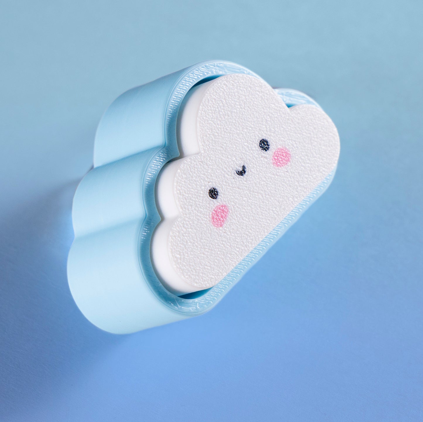 Kawaii cloud fidget clicker keychain with blushing cheeks and a smile, perfect for stress relief, gamer gifts, or cute everyday carry.