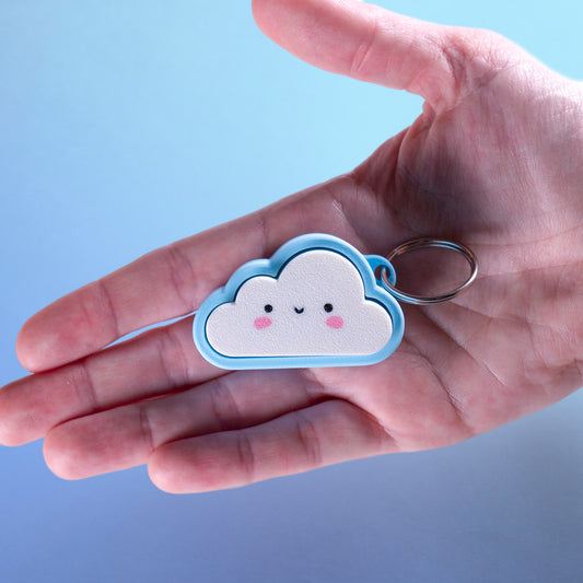 Kawaii cloud fidget clicker keychain with blushing cheeks and a smile, perfect for stress relief, gamer gifts, or cute everyday carry.