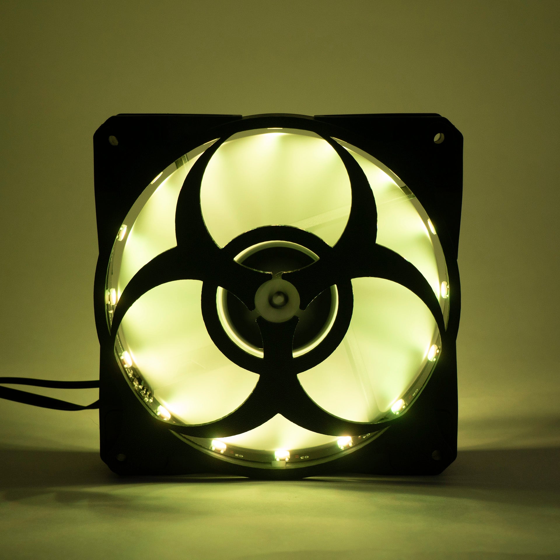 3D printed PC fan grill featuring a bold biohazard symbol. Perfect for custom gaming rigs, PC case mods, and fans of edgy, nerdy, or horror-inspired builds.