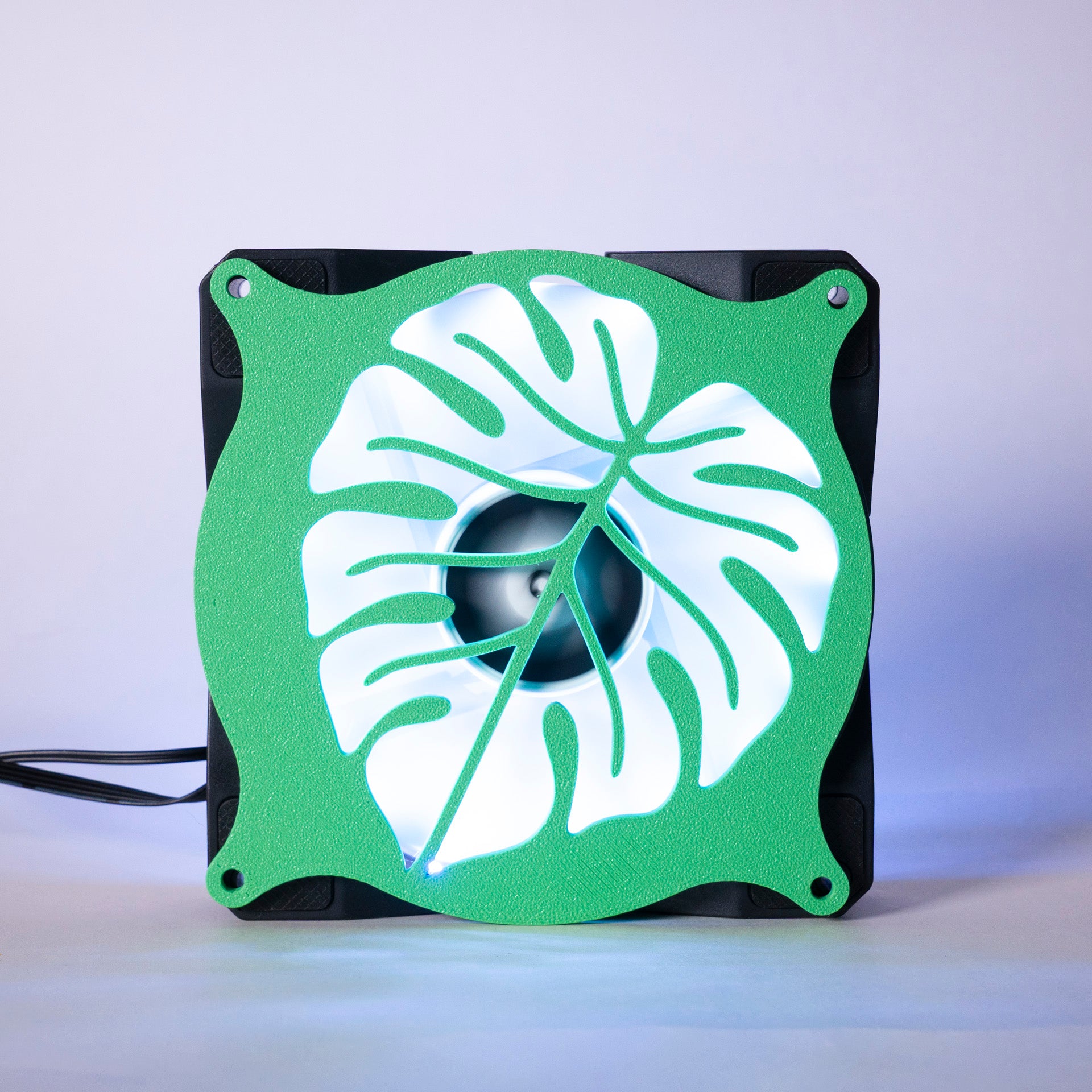 A 3D printed monstera leaf PC fan grill for plant lovers and cozy gamer setups. Adds botanical flair to any gaming tower or aesthetic workspace.