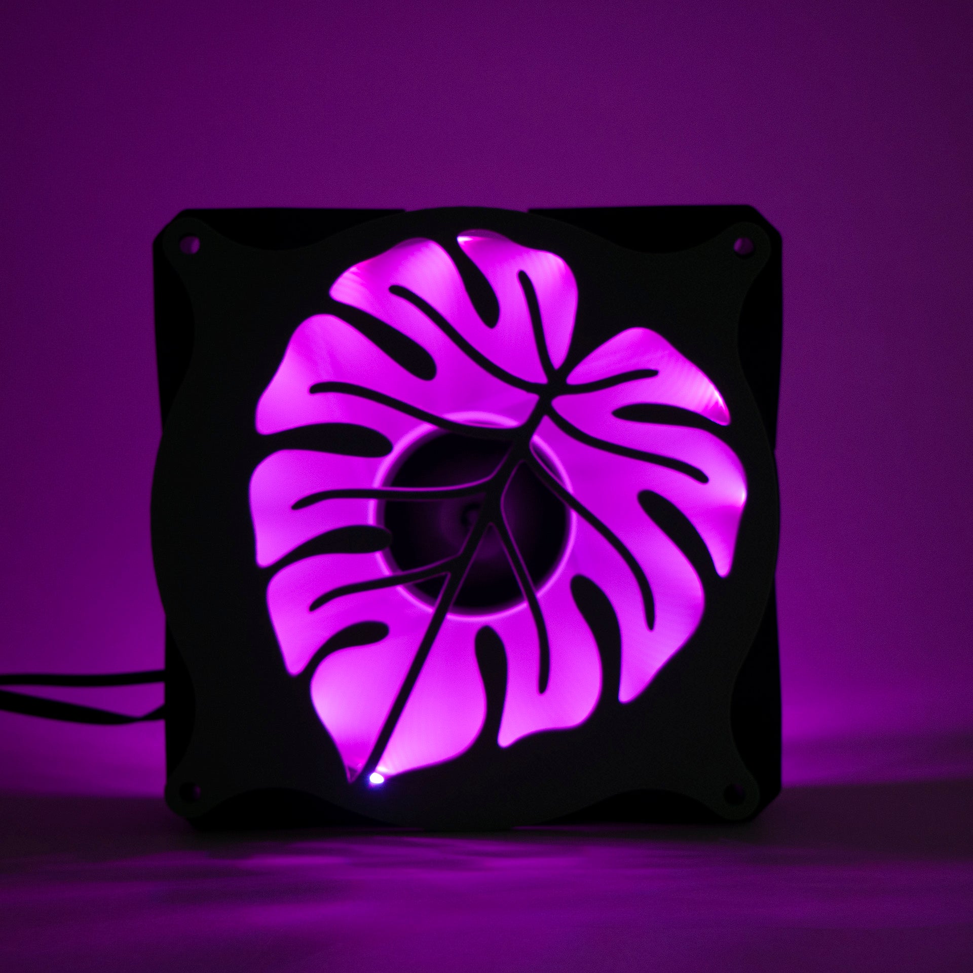 A 3D printed monstera leaf PC fan grill for plant lovers and cozy gamer setups. Adds botanical flair to any gaming tower or aesthetic workspace.