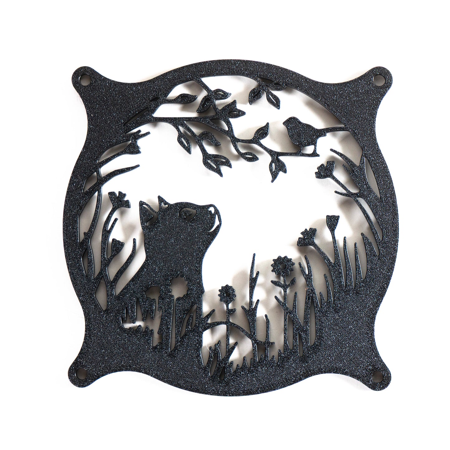 Adorable 3D printed PC fan grill featuring a cat and bird in a garden scene. Adds cozy charm and personality to any gaming or desktop setup.