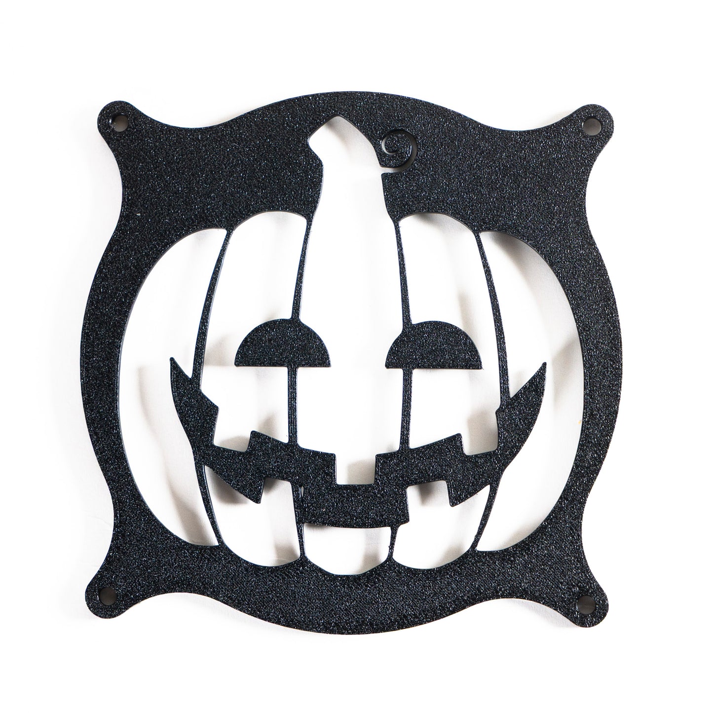 3D printed PC fan grill shaped like a spooky jack-o'-lantern pumpkin. Perfect Halloween-themed case mod for gamers and tech lovers.