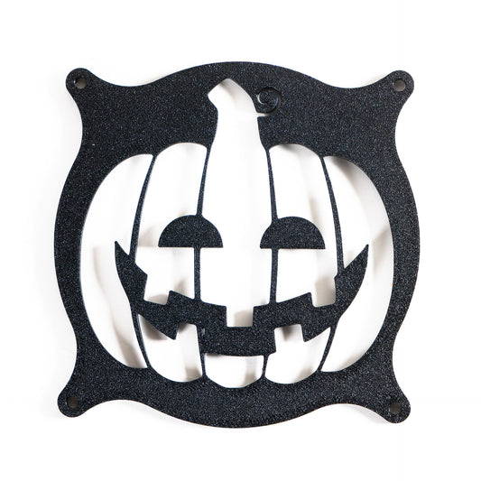 3D printed PC fan grill shaped like a spooky jack-o'-lantern pumpkin. Perfect Halloween-themed case mod for gamers and tech lovers.