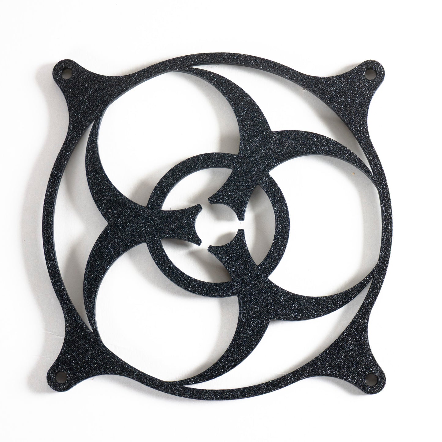 3D printed PC fan grill featuring a bold biohazard symbol. Perfect for custom gaming rigs, PC case mods, and fans of edgy, nerdy, or horror-inspired builds.