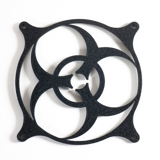 3D printed PC fan grill featuring a bold biohazard symbol. Perfect for custom gaming rigs, PC case mods, and fans of edgy, nerdy, or horror-inspired builds.