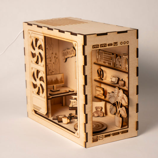 DIY gaming PC book nook kit made from laser-engraved basswood with LED light and remote. A perfect gamer gift and bookshelf insert for tech lovers.