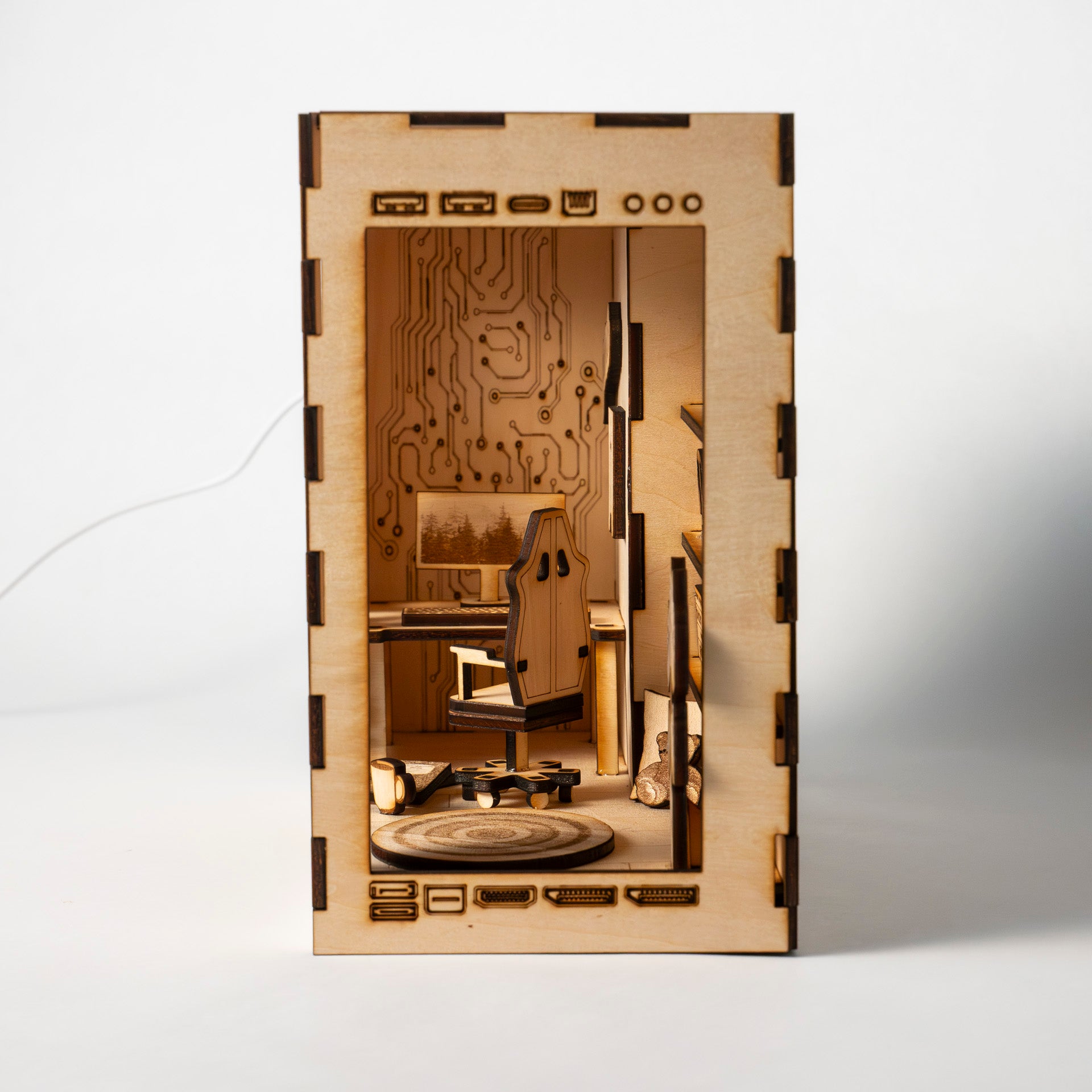 DIY gaming PC book nook kit made from laser-engraved basswood with LED light and remote. A perfect gamer gift and bookshelf insert for tech lovers.