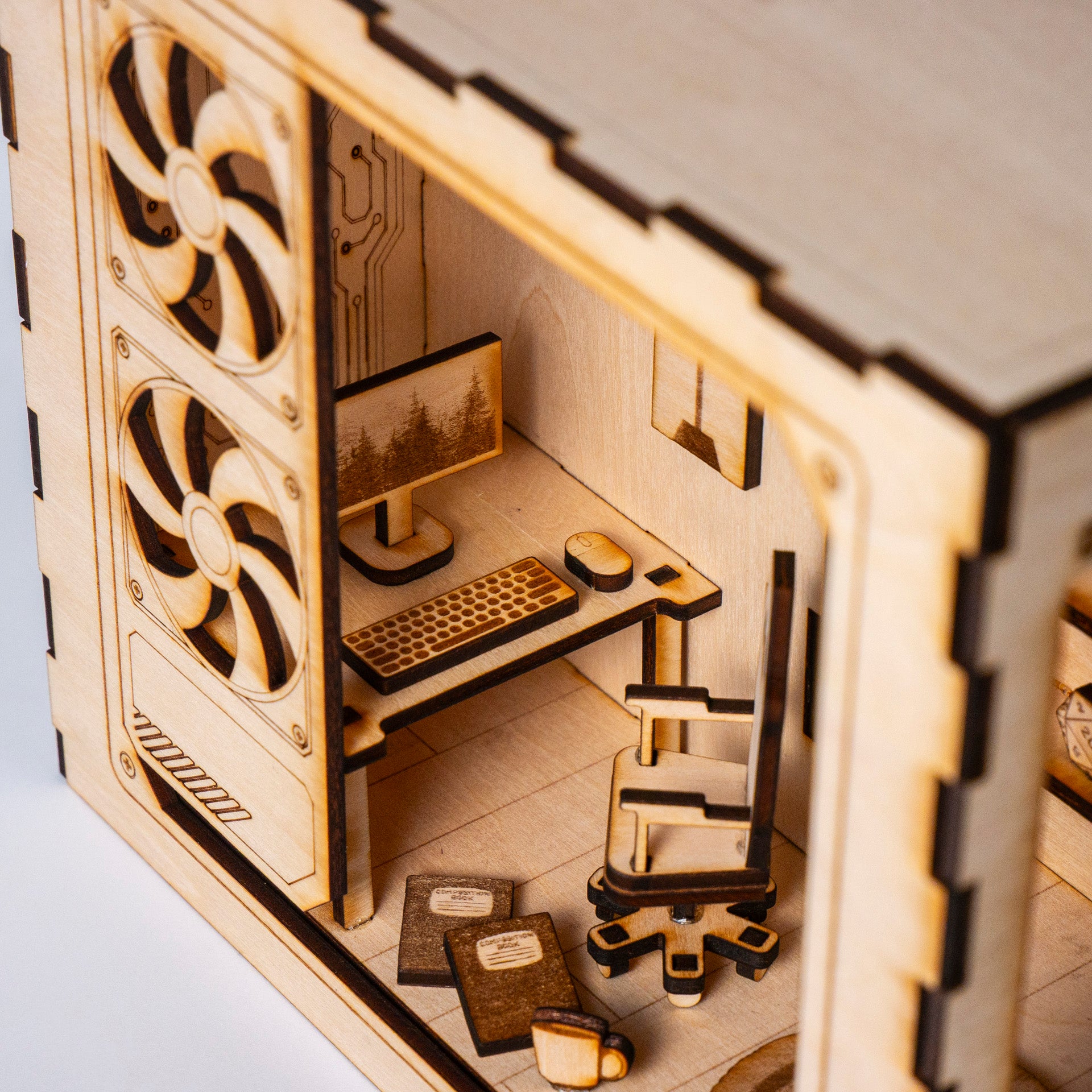 DIY gaming PC book nook kit made from laser-engraved basswood with LED light and remote. A perfect gamer gift and bookshelf insert for tech lovers.