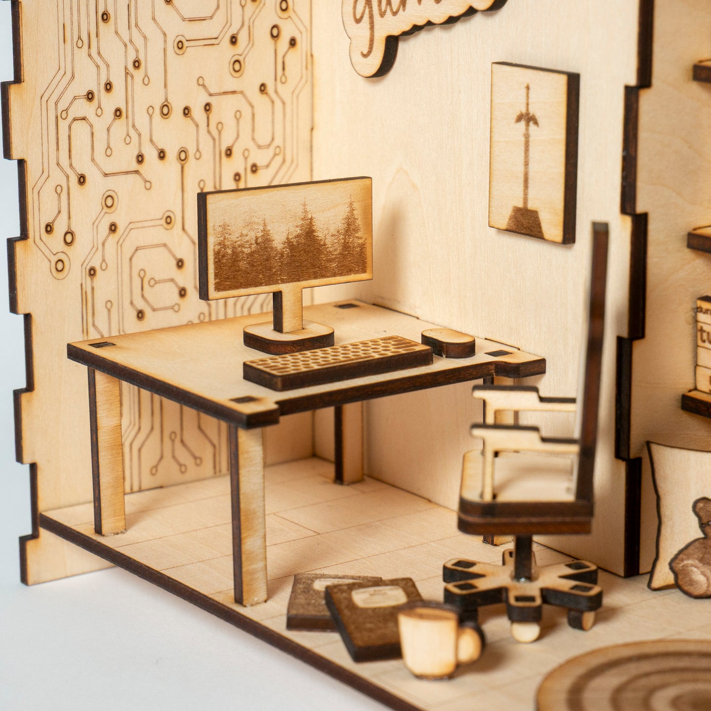 DIY gaming PC book nook kit made from laser-engraved basswood with LED light and remote. A perfect gamer gift and bookshelf insert for tech lovers.