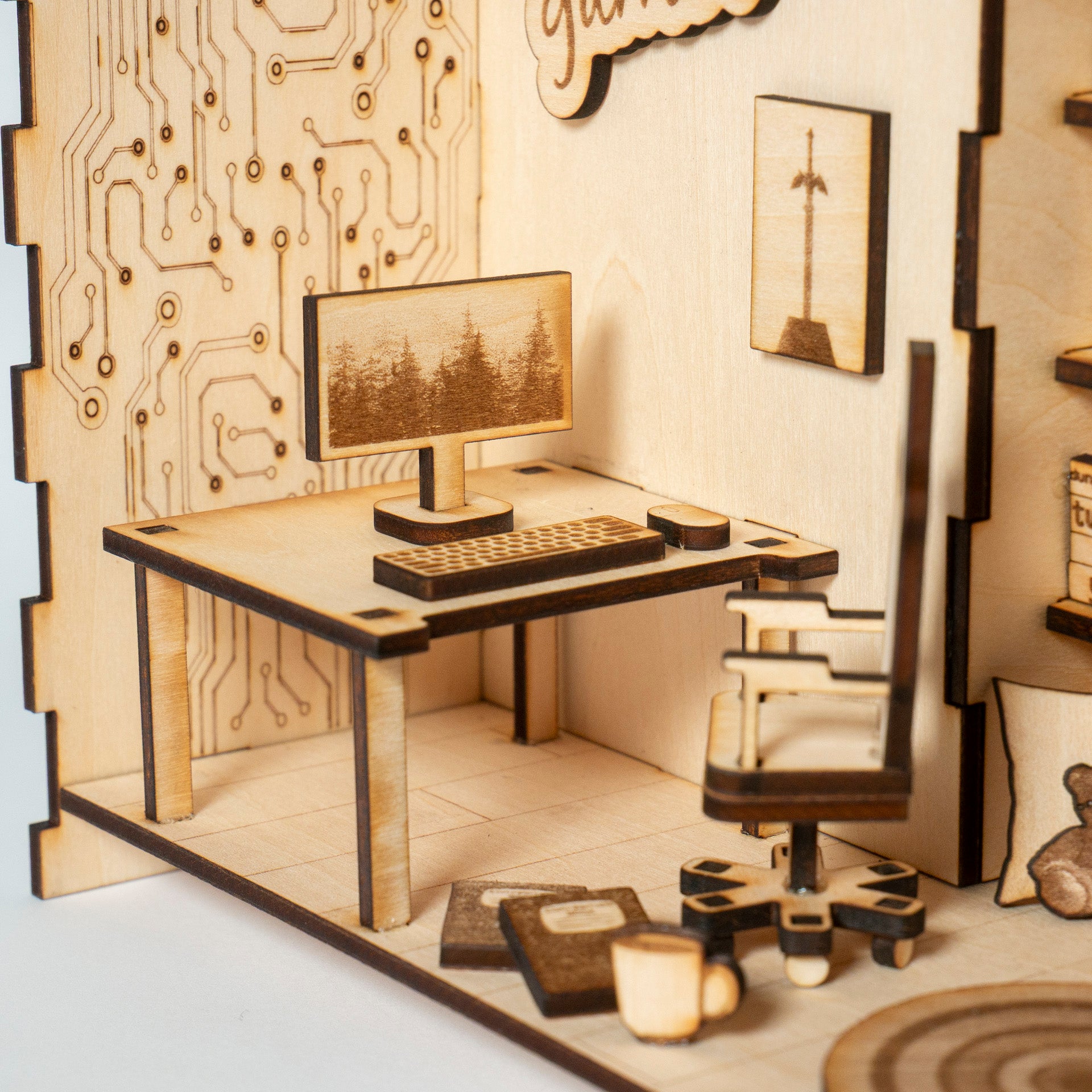 DIY gaming PC book nook kit made from laser-engraved basswood with LED light and remote. A perfect gamer gift and bookshelf insert for tech lovers.