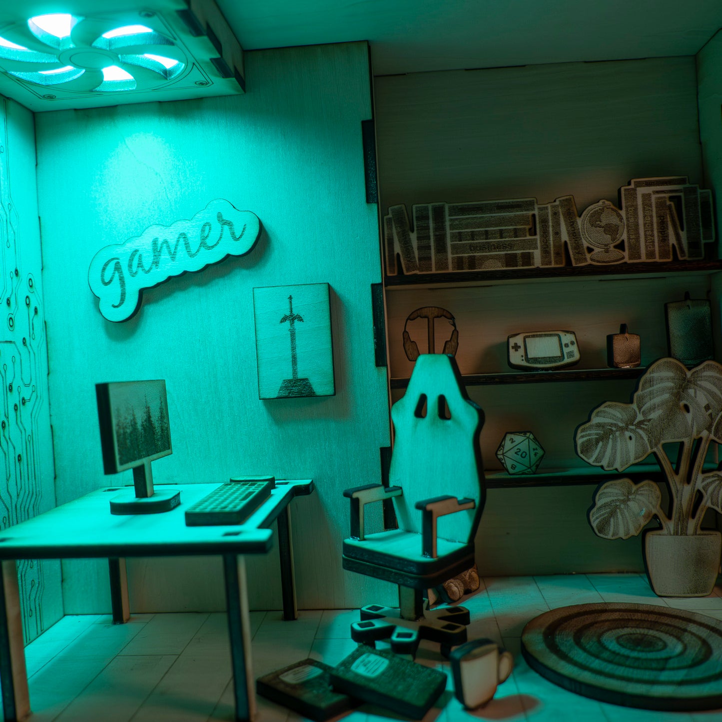 DIY gaming PC book nook kit made from laser-engraved basswood with LED light and remote. A perfect gamer gift and bookshelf insert for tech lovers.