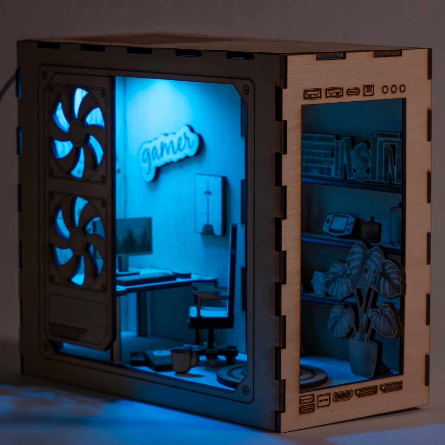 DIY gaming PC book nook kit made from laser-engraved basswood with LED light and remote. A perfect gamer gift and bookshelf insert for tech lovers.