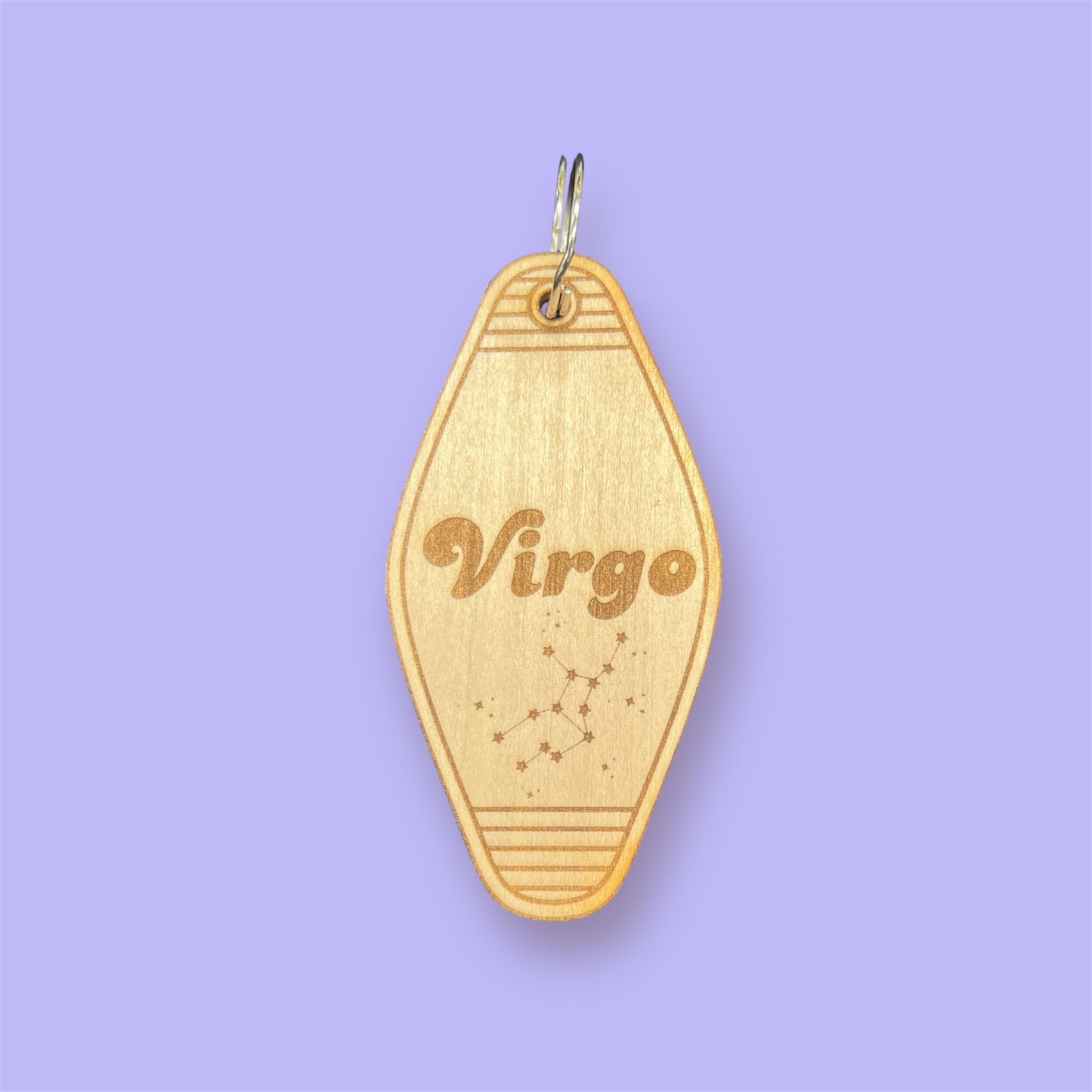 Laser engraved wood motel keychain featuring zodiac names and constellations, perfect for astrology lovers, horoscope fans, and retro gift collectors. This is for the Zodiac sign Virgo.