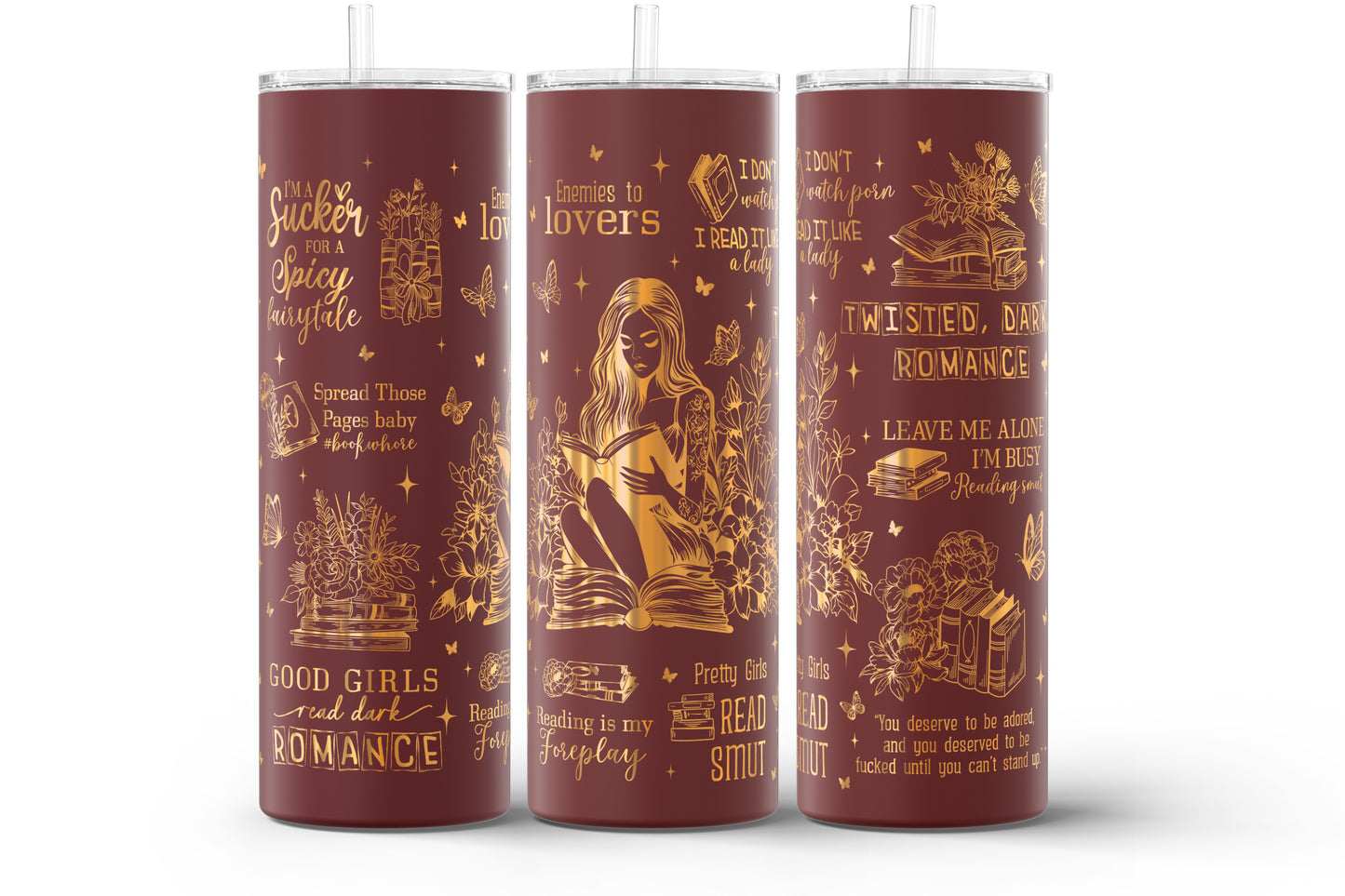 20oz engraved fantasy romance reader tumbler.