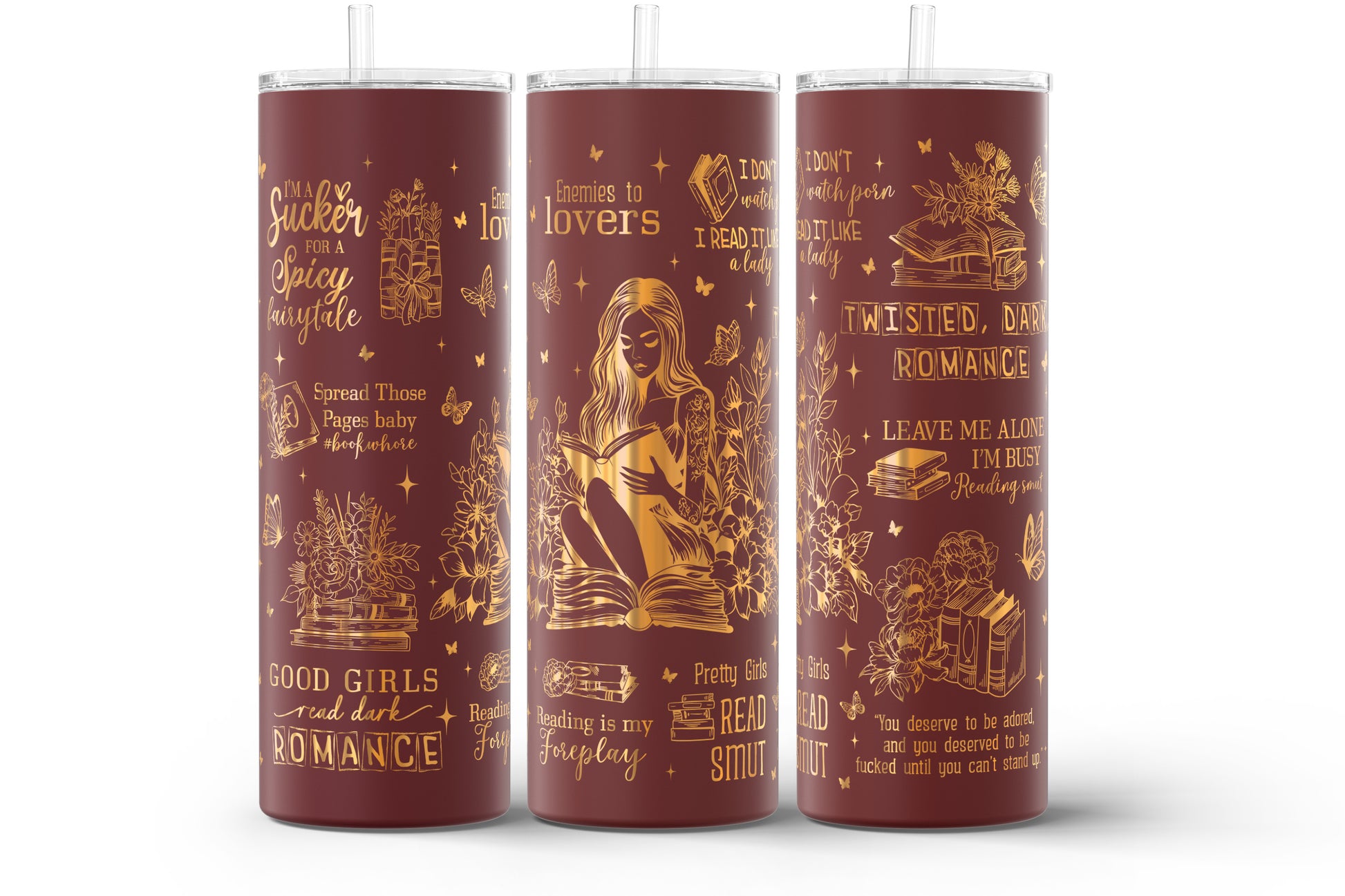 20oz engraved fantasy romance reader tumbler.