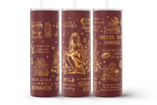 20oz engraved fantasy romance reader tumbler.