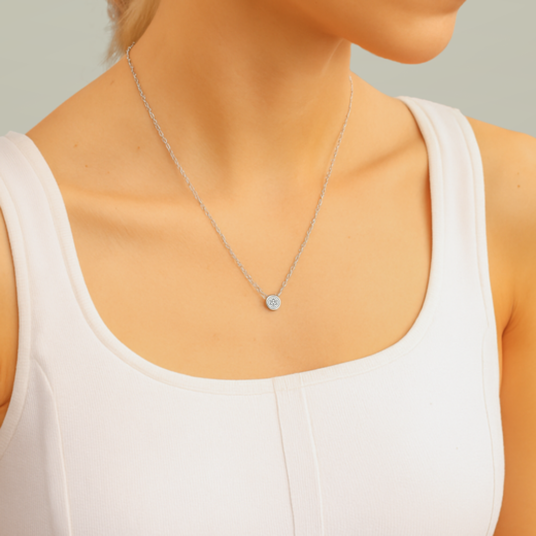 Mini circle necklace with laser engraved D20 design.